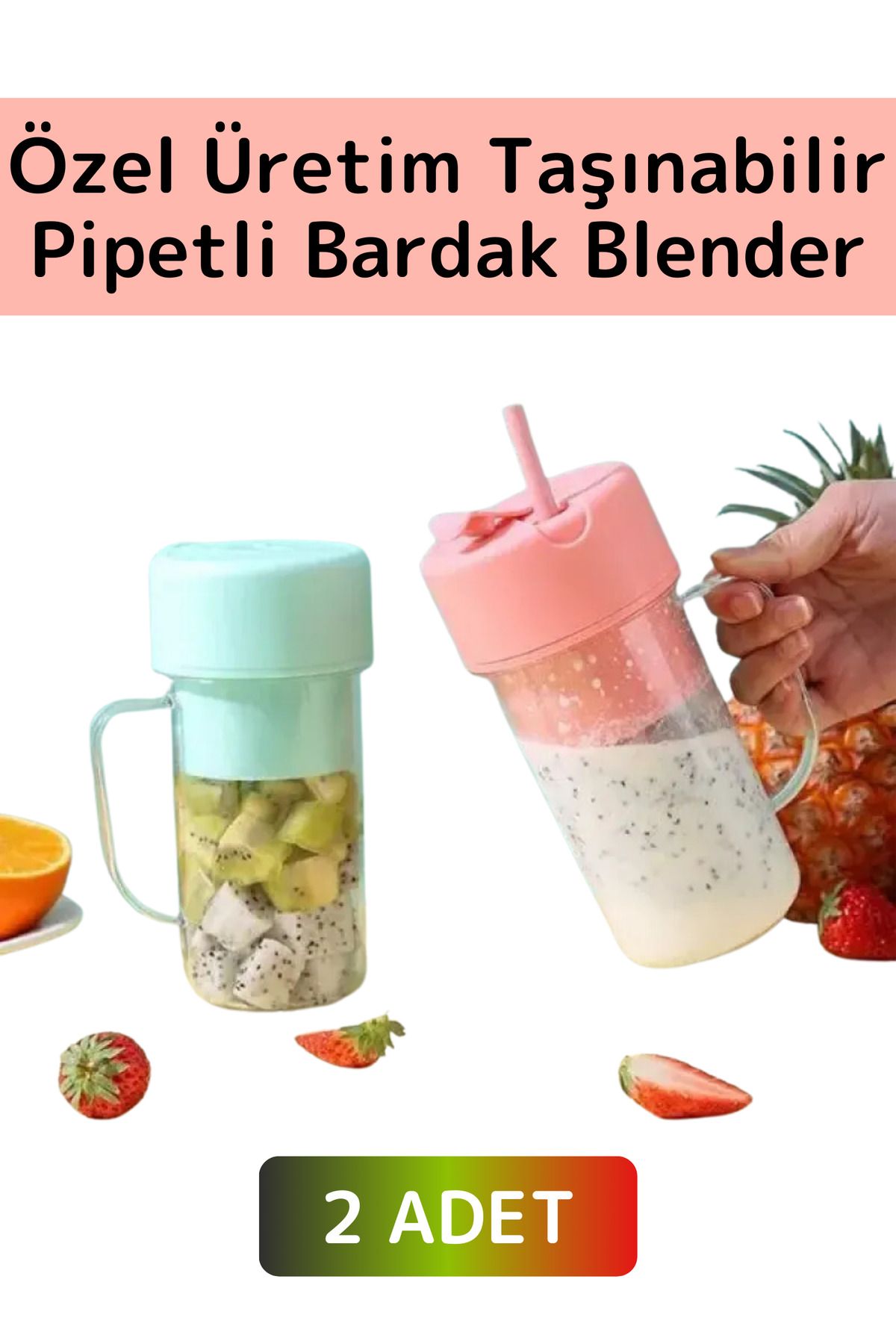 Wintoup Taşınabilir Ev İş Gündelik Milkshake Meyve Sıkacağı USB Şarjlı Pipetli Bardak Blender 420ML 2 Adet