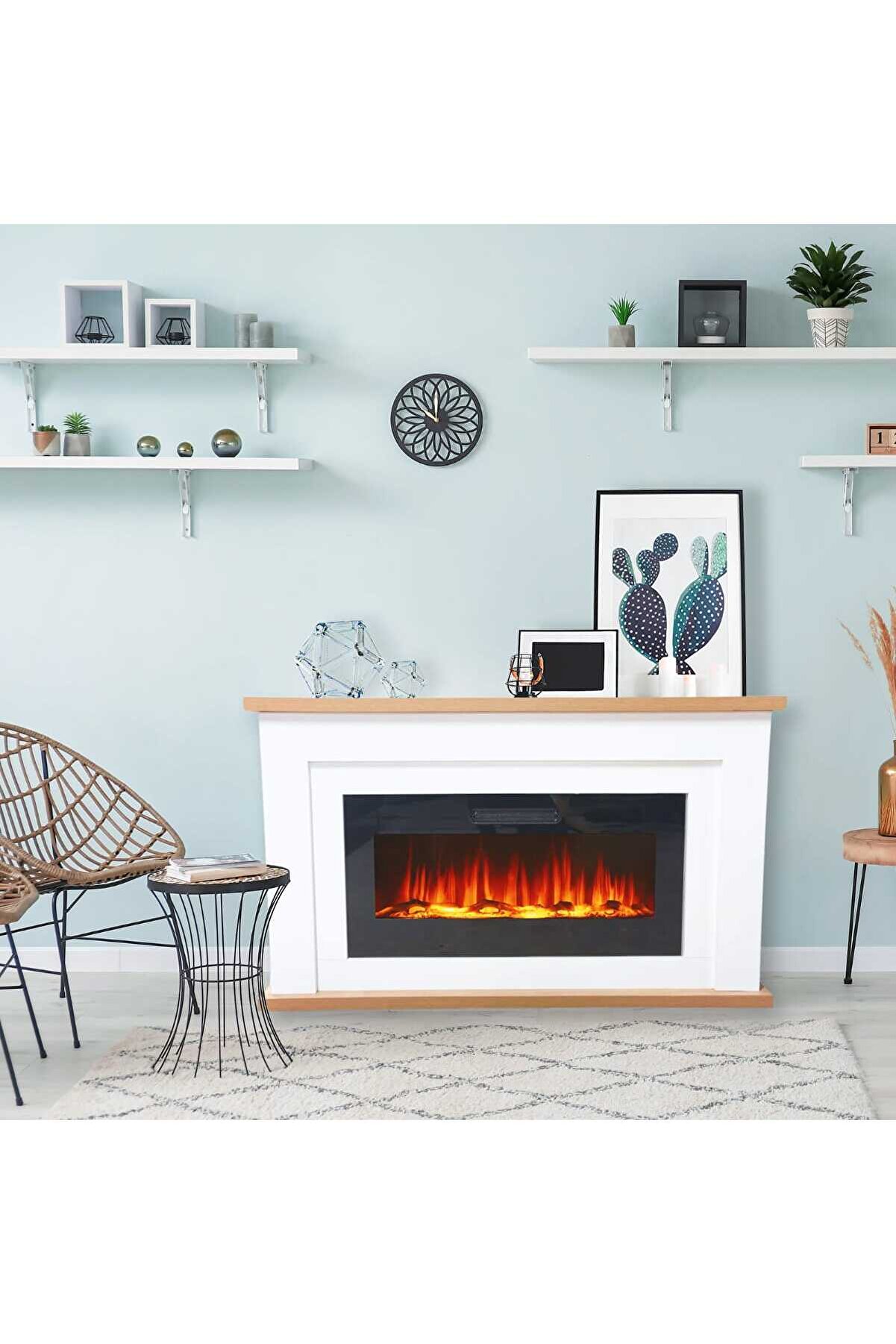 Modern Ahşap Detaylı, Bluetooth Wifi 8 Renk Alev Ses Efektli Dekoratif Elektrikli yapay Şömine