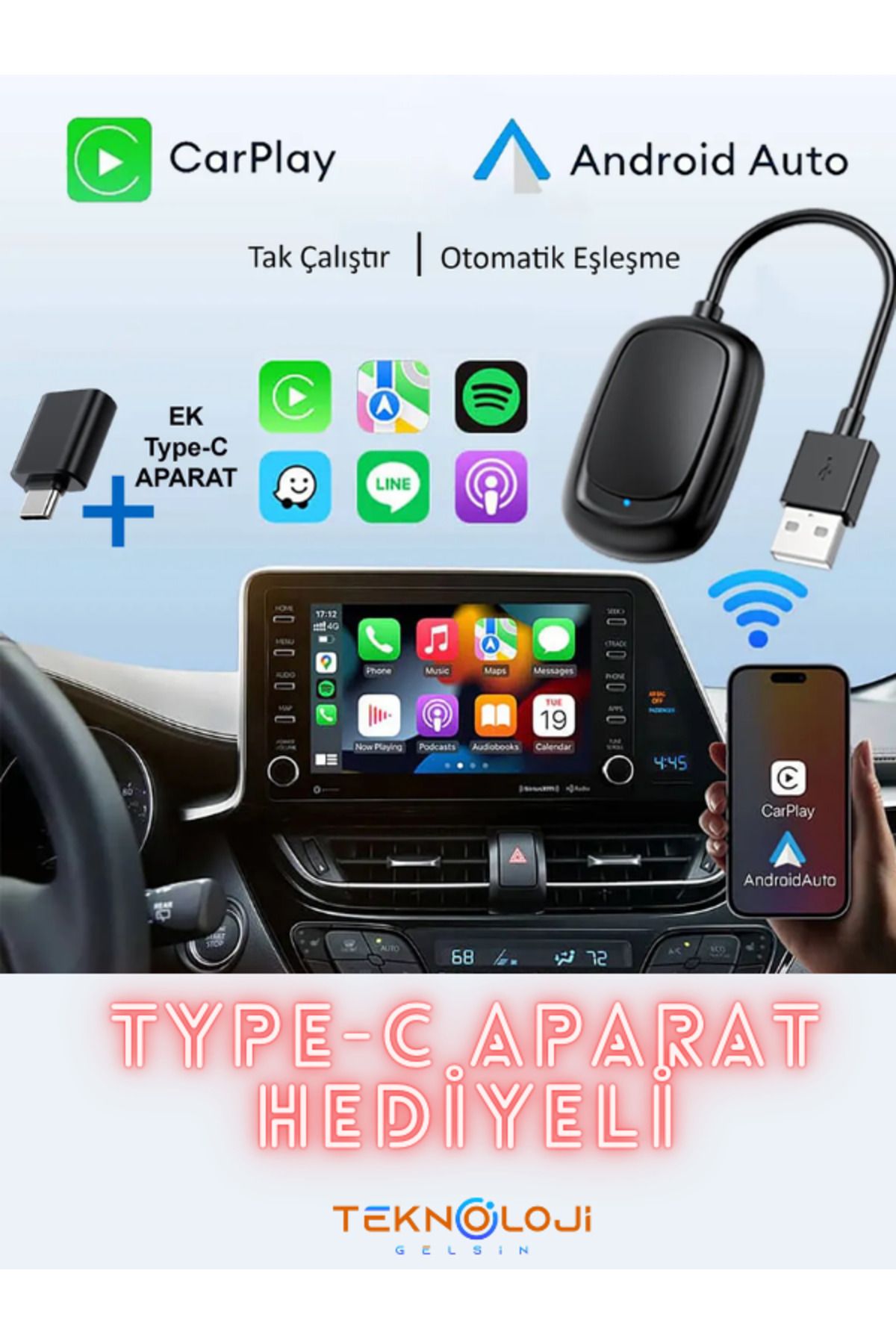 Teknoloji Gelsin Kablosuz CarPlay ve Android Auto Apple ve Android Uyumlu 2in1 Tak Çalıştır Multimedya Adaptör