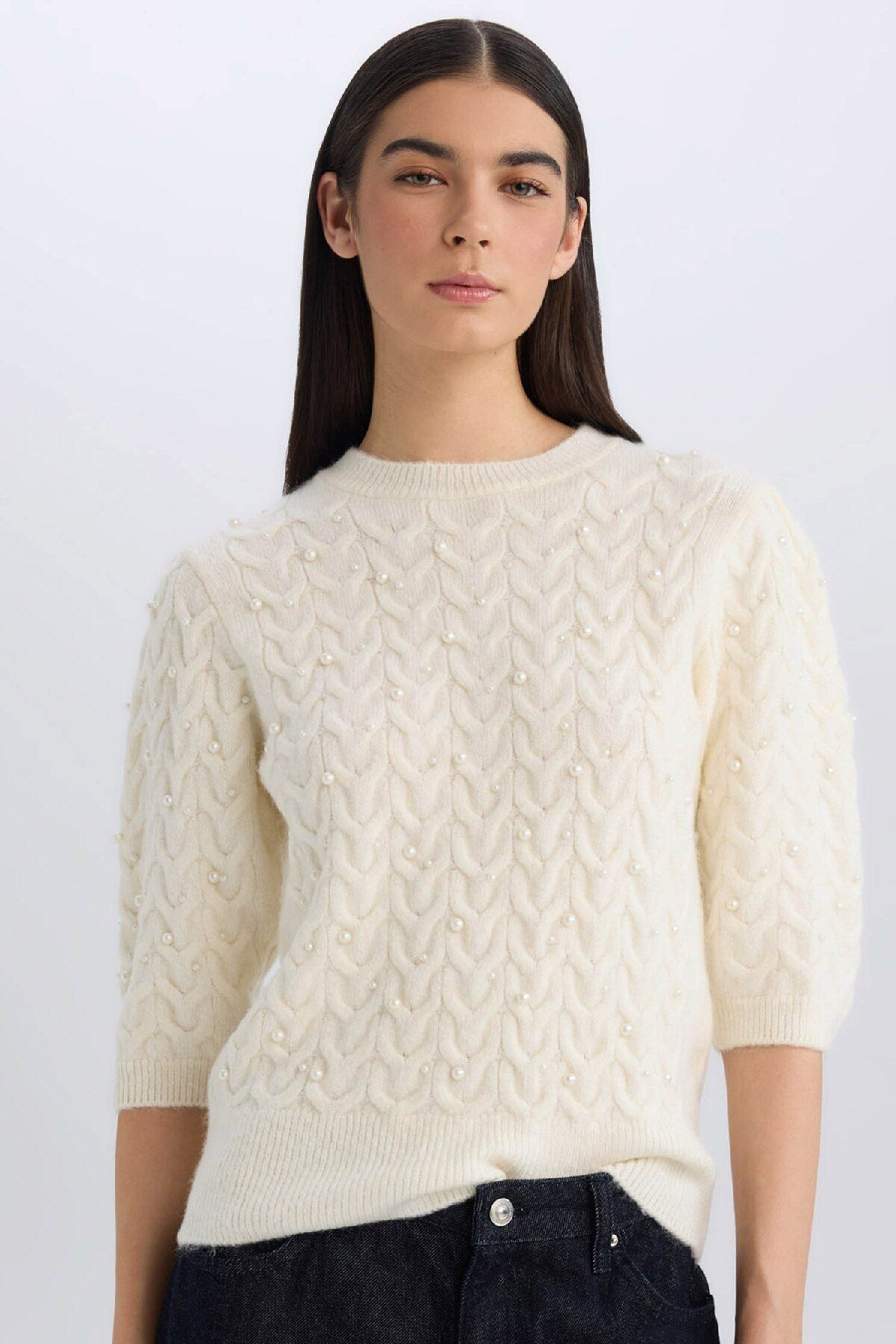 Defacto Regular Fit Bisiklet Yaka Basic Düz Yarım Kollu Triko Kazak D6205AX24WN