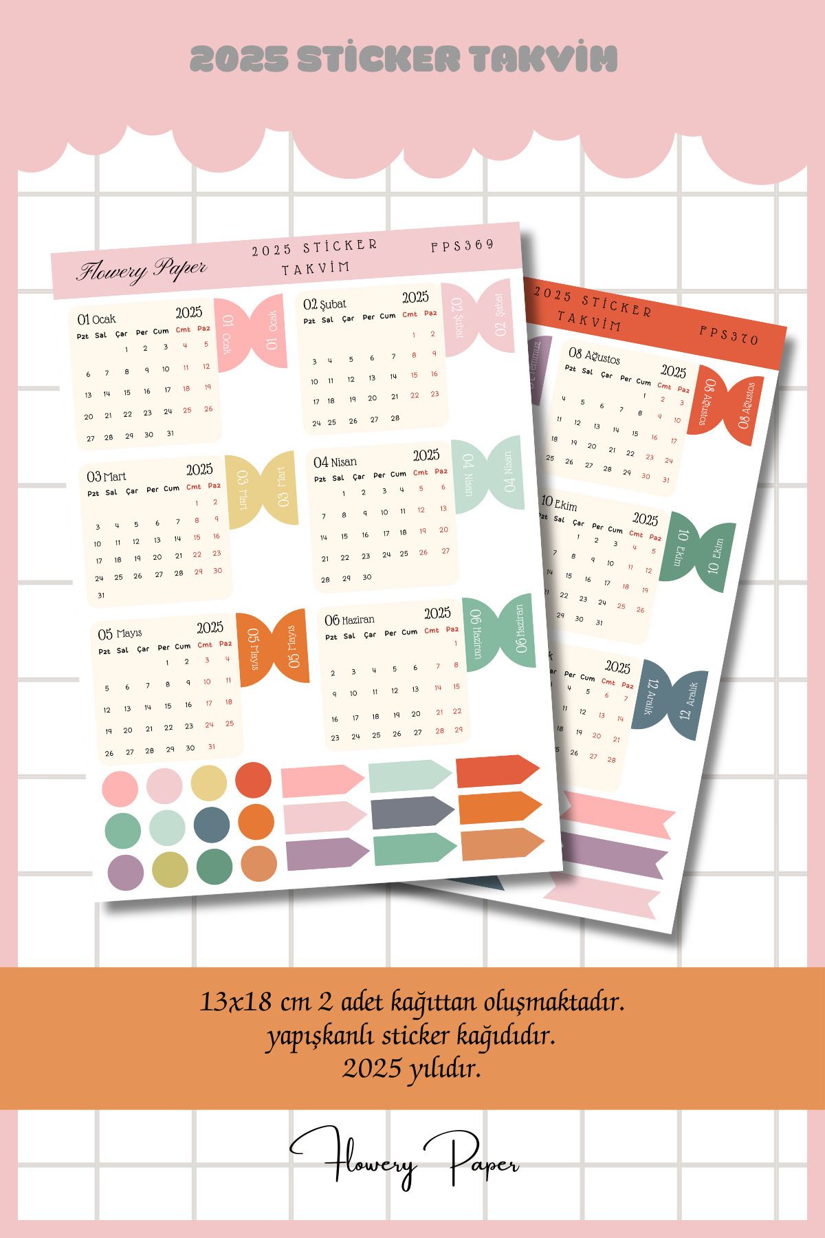 Flowery Paper 2025 Renkli Sticker Takvim Sayfası - Defter,ajanda ,journal,scrapbook,için Uygundur