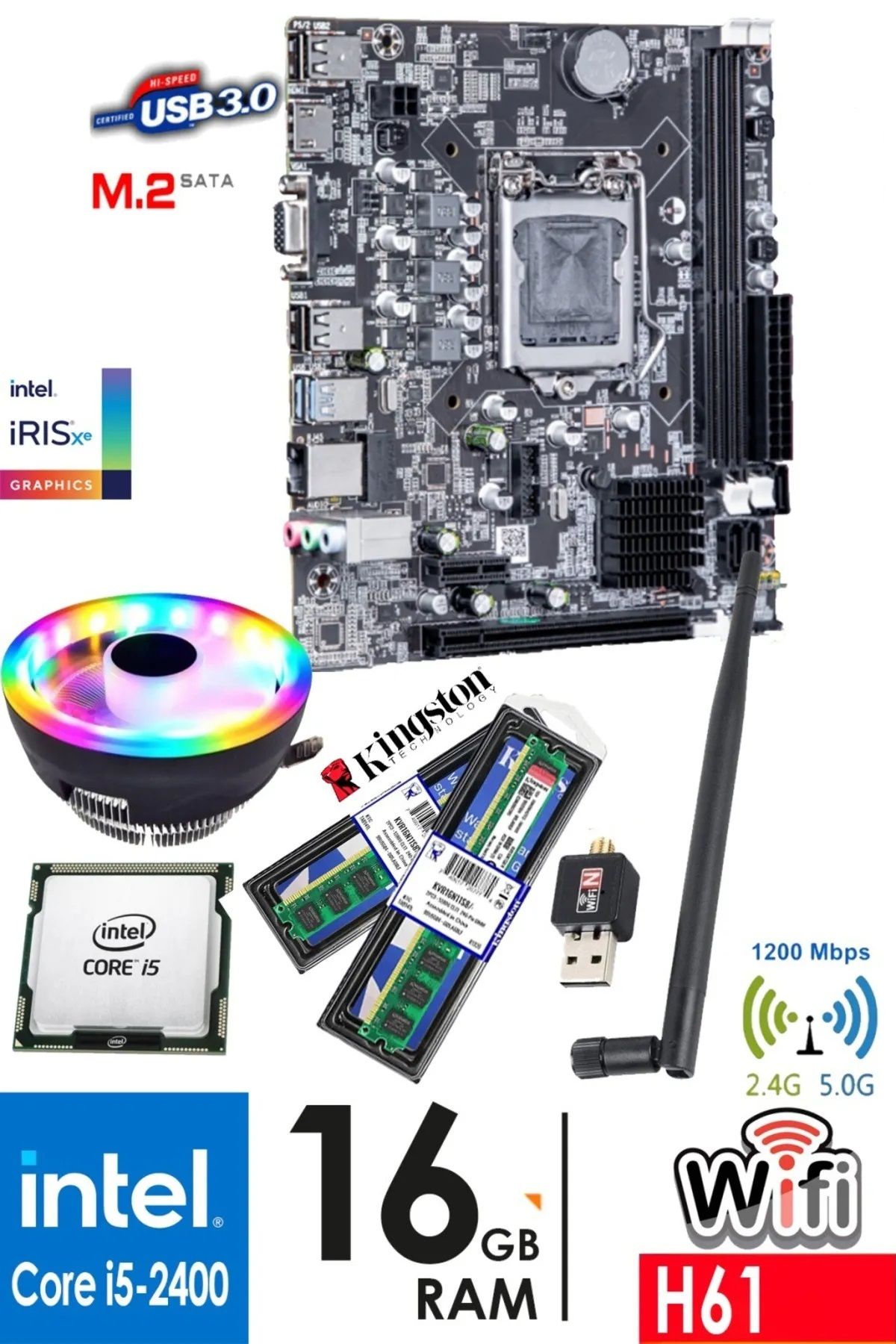 İZ TECH Z01 i5-2400 3.40GHz 16GB RAM H61 1200Mbps WiFi CPU Fan Bundle Anakart Komple SET