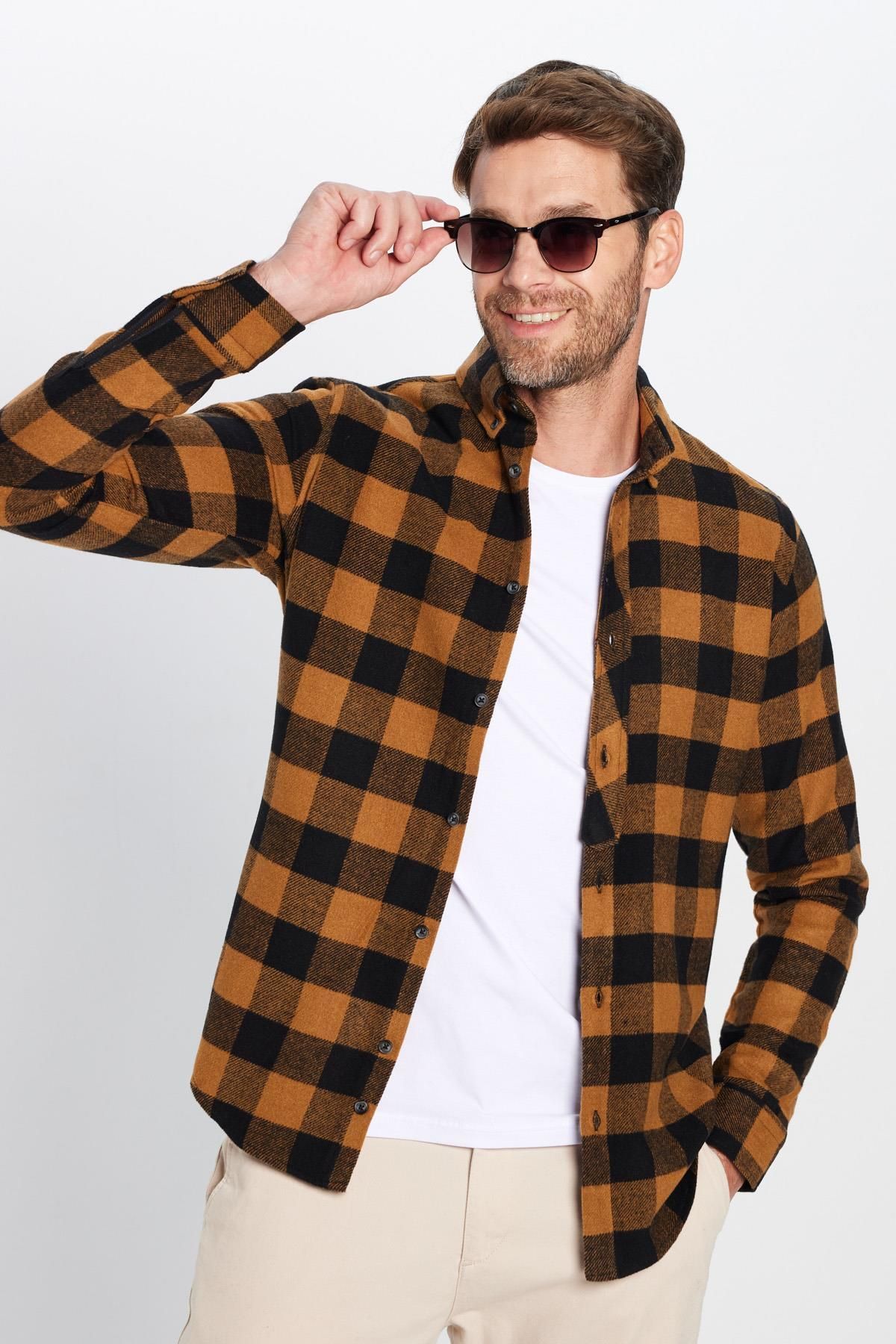 Tudors Erkek Slim Fit Dar Kesim Oduncu Düğmeli Yaka Kareli Kışlık Gömlek