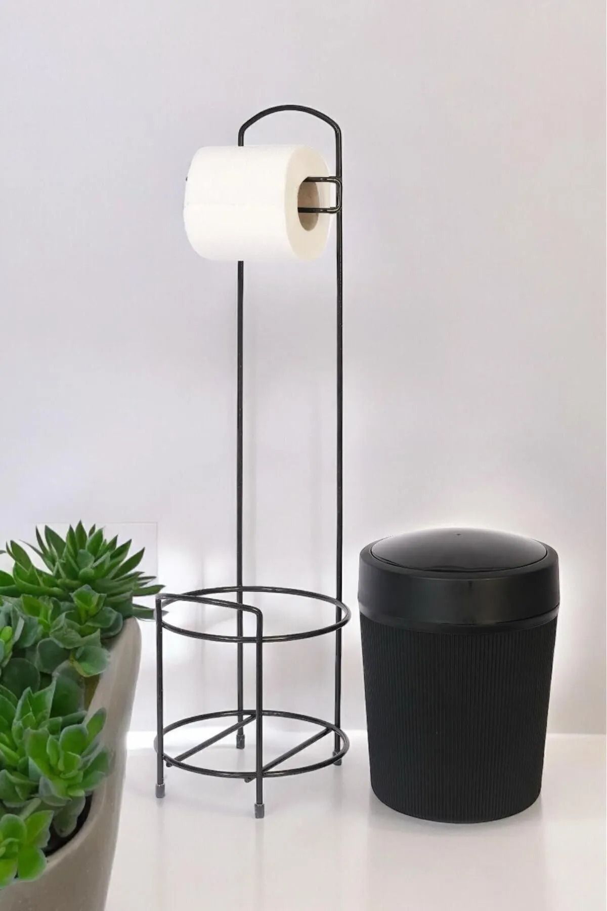 Home Lüks Banyo Mutfak Çöp Kovası Metal Standlı Tuvalet Wc Kağıtlık Seti | Siyah