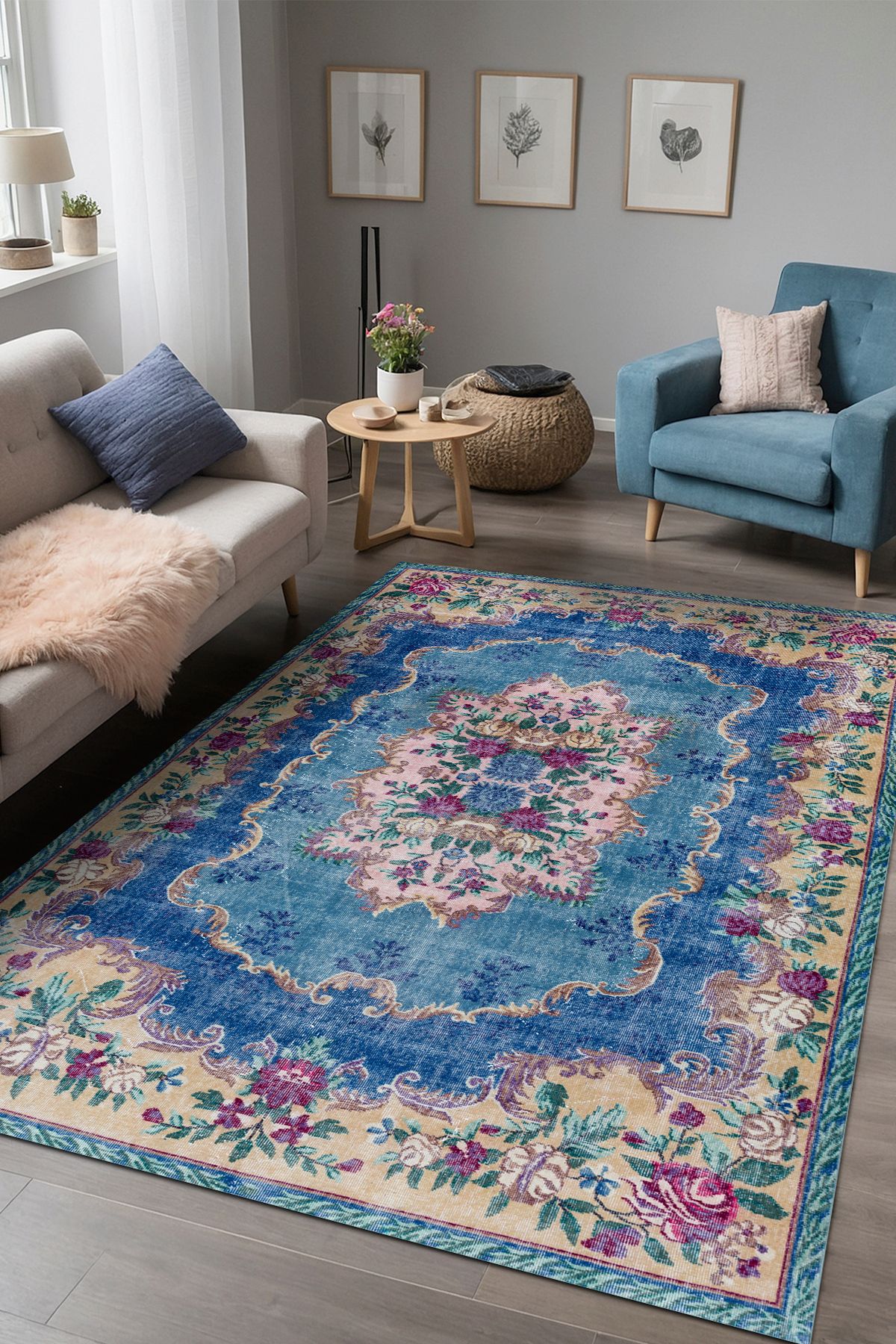 AIDA HOME Mezdas Vintage Desenli Pamuk Tabanlı Yıkanabilen Kaydırmaz Antibakteriyel Şönil Salon Halısı