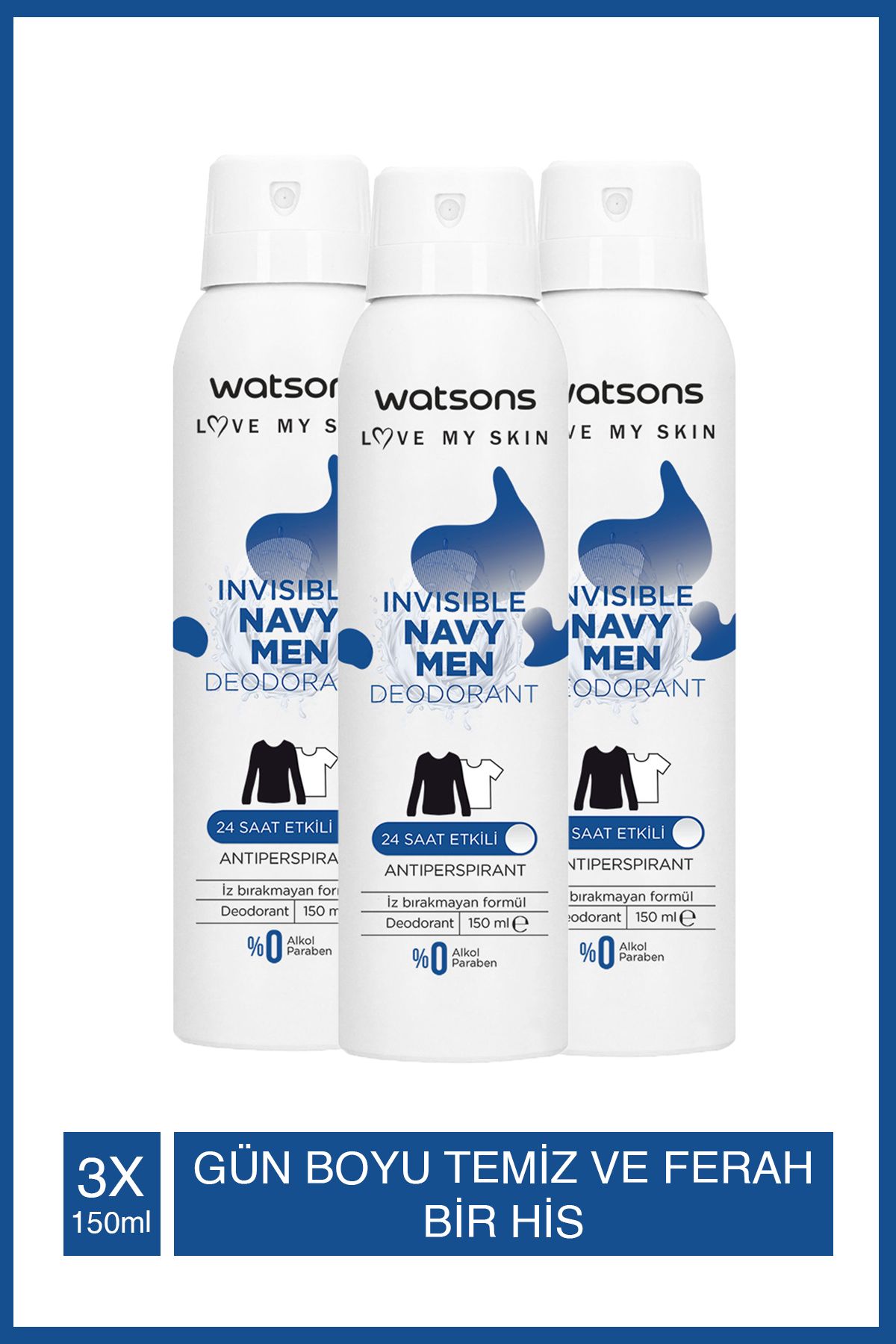 Watsons Invisible Navy Men Deodorant 150 ml X3 Adet