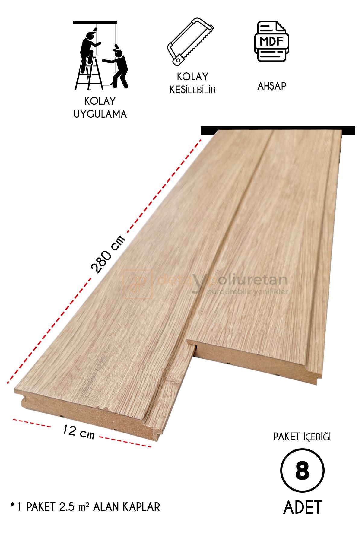 Free Home Mdf Ahşap Duvar Kaplama Lambri Panel - Düz - 12cm X 280cm (8 ADET)