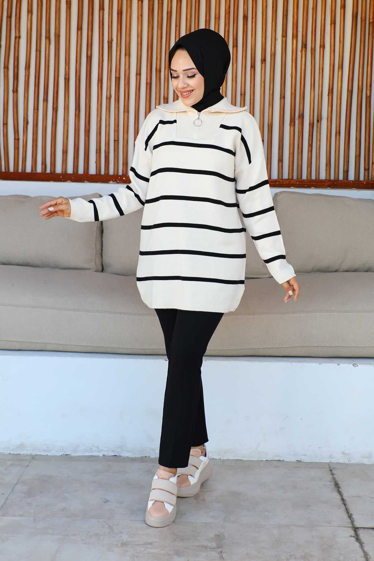 İmajButik Bej Yaka Fermuarlı Çizgili Triko Tunik