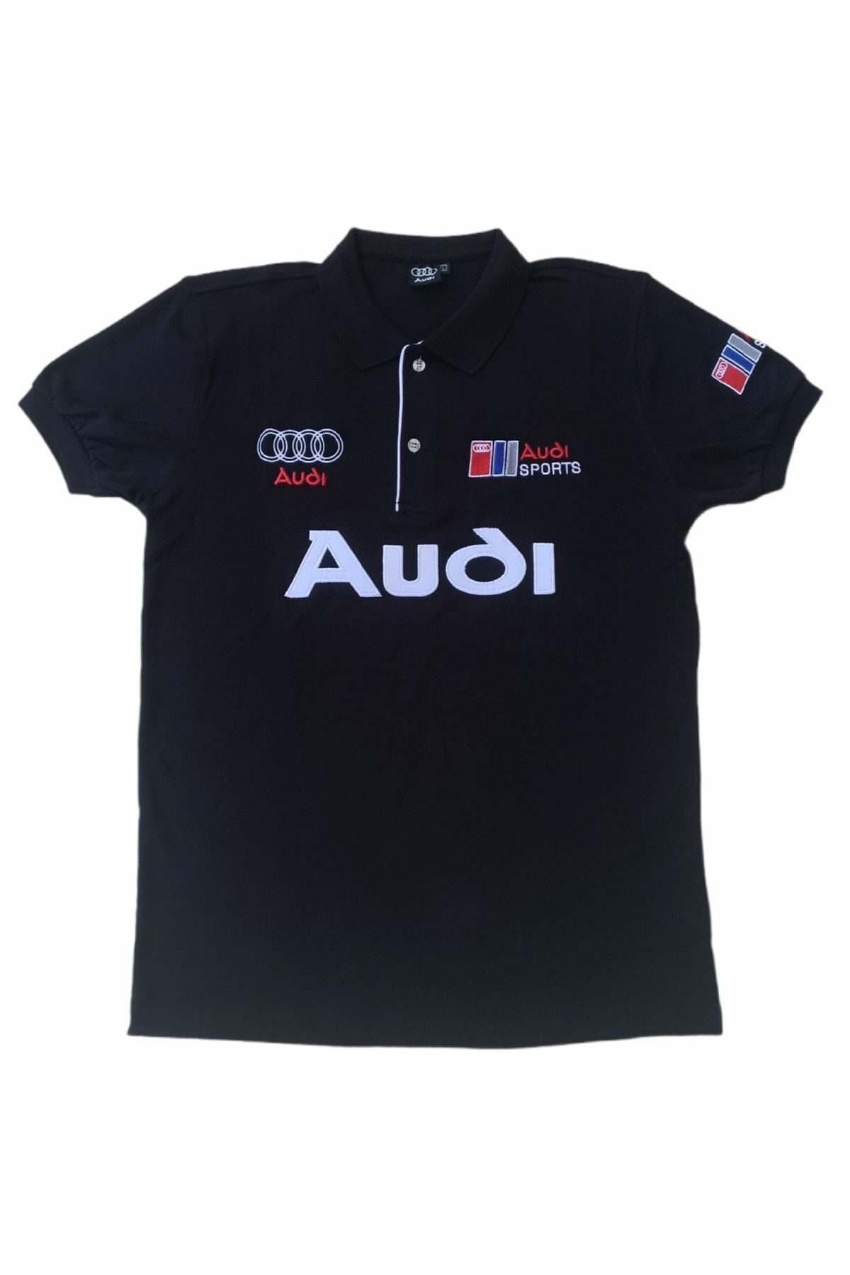 More Erkek Polo Yakalı Siyah Audi Baskılı Kısa Kollu T-Shirt