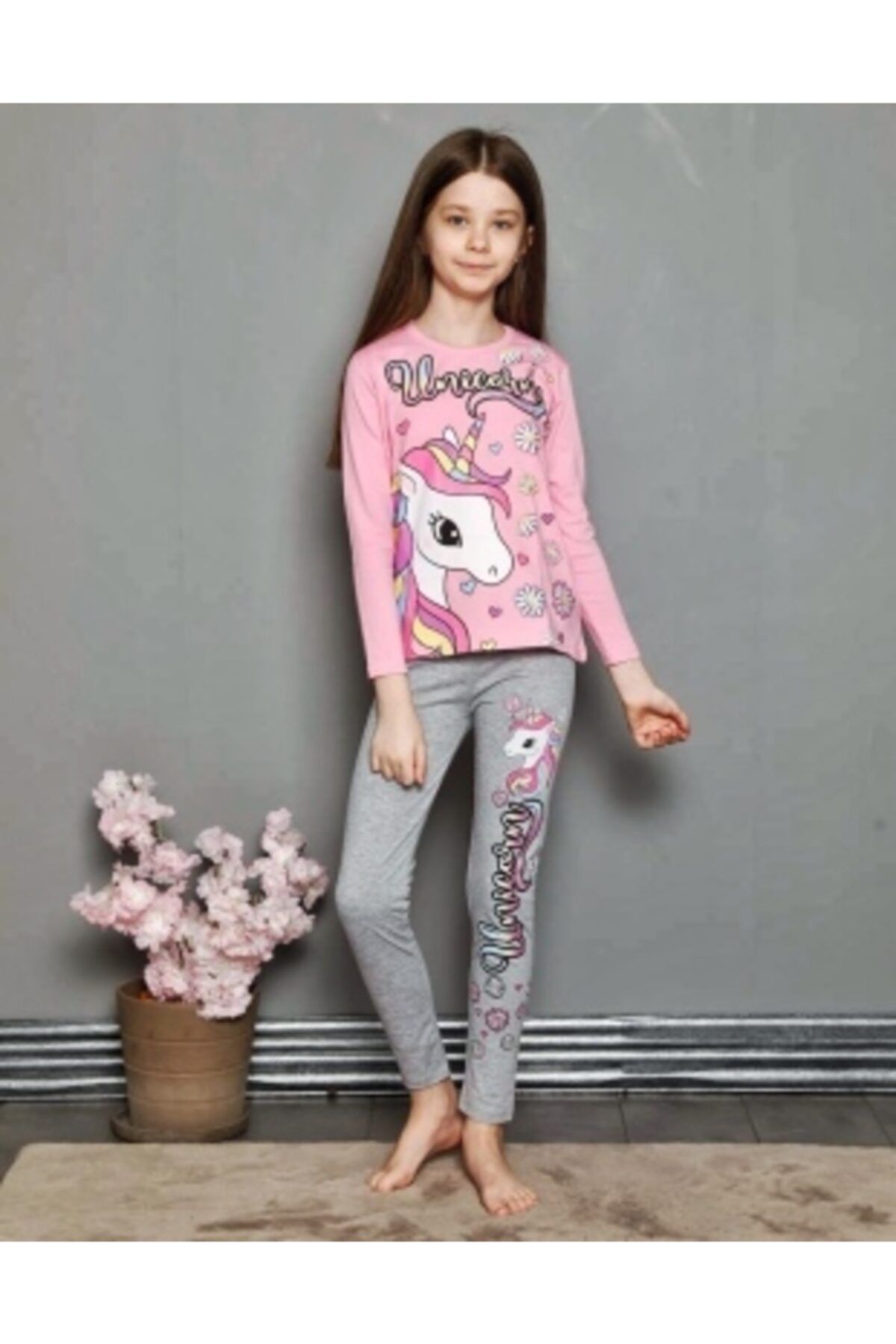Lolliboomkids Kız Çocuk Unicorn Desen Alt Üst Pijama  Takımı Ev Giyim Pembe Renk