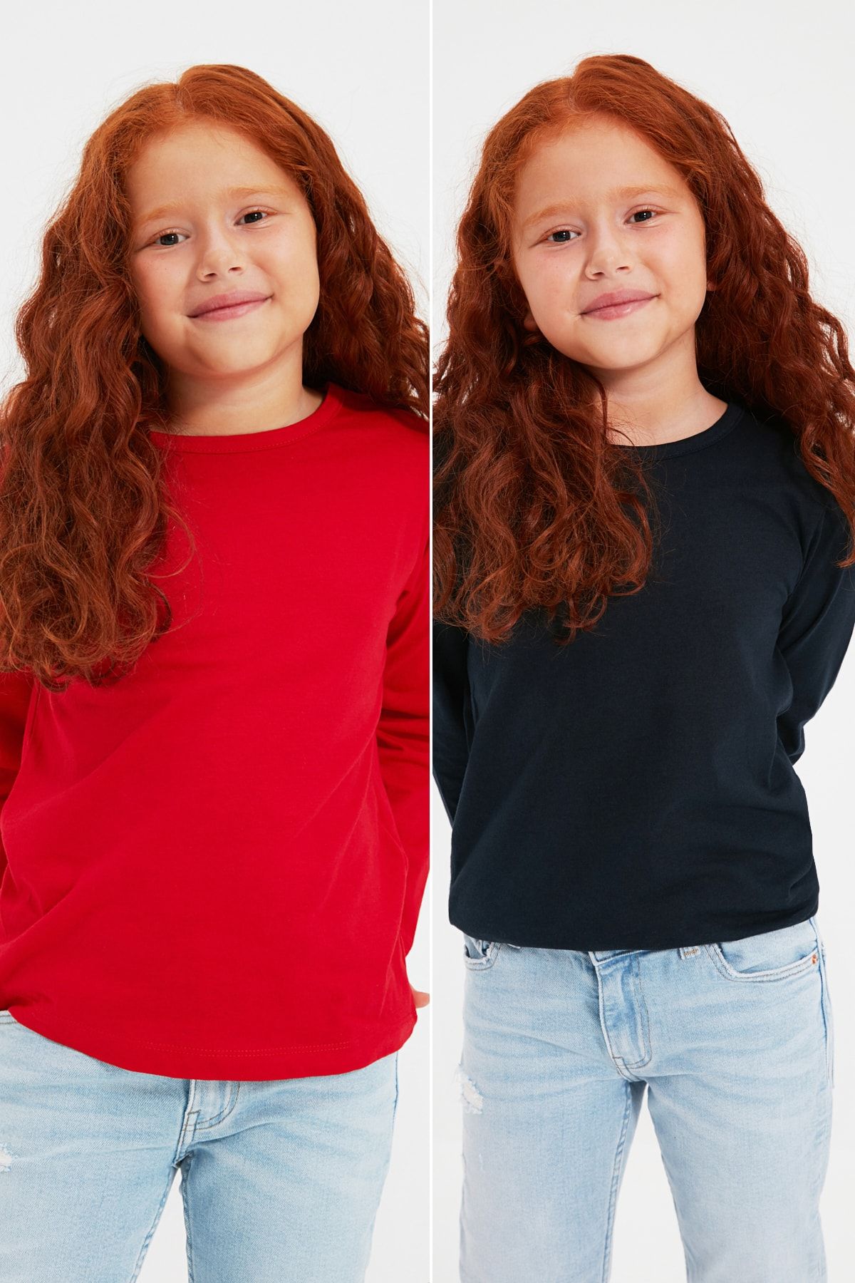 TRENDYOLKIDS Lacivert-Kırmızı 2'li Paket Basic Kız Çocuk Örme T-Shirt