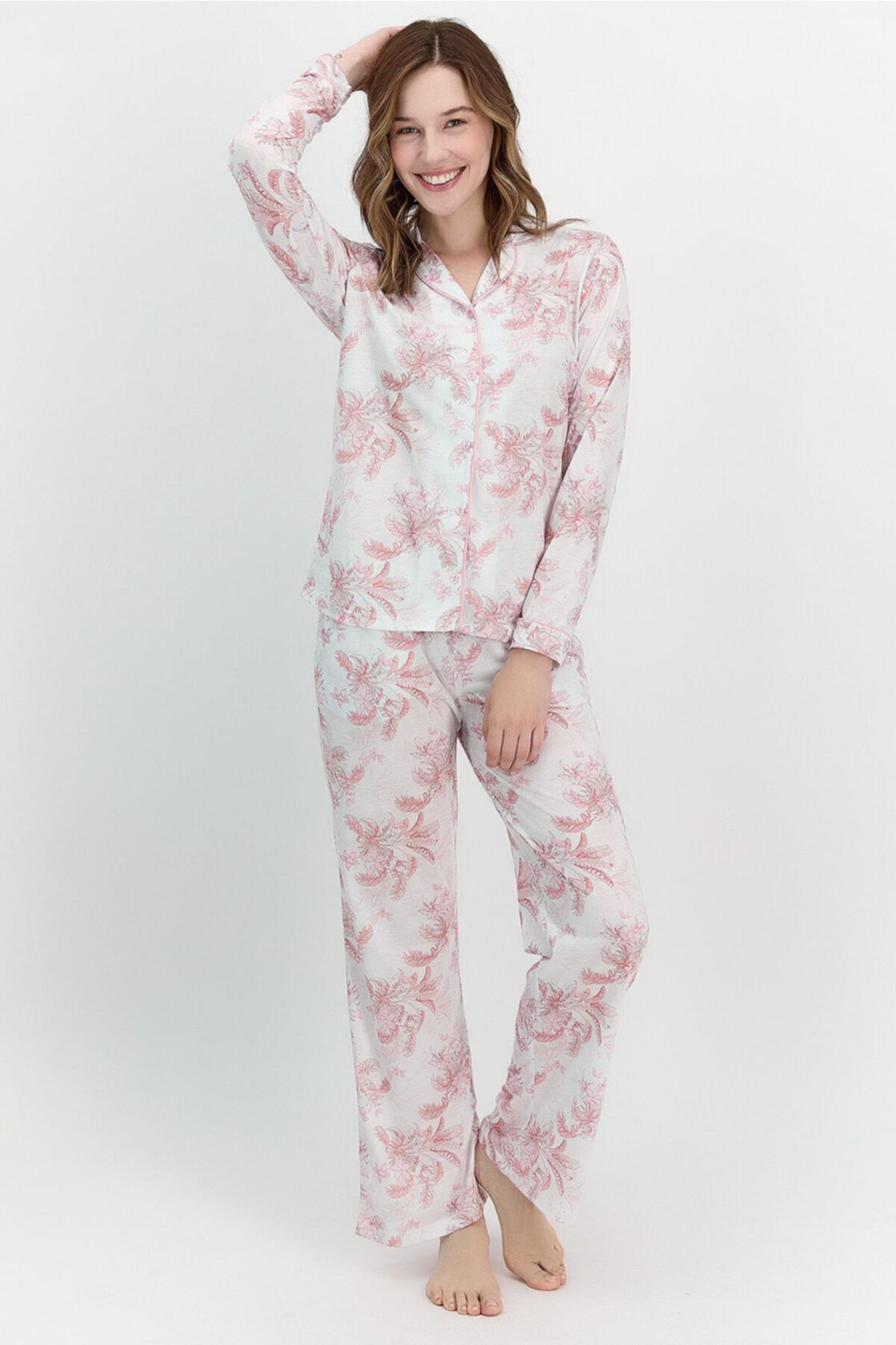 Pierre Cardin Çiçekli Açık Gül Kurusu Kadın Gömlek Pijama Takımı