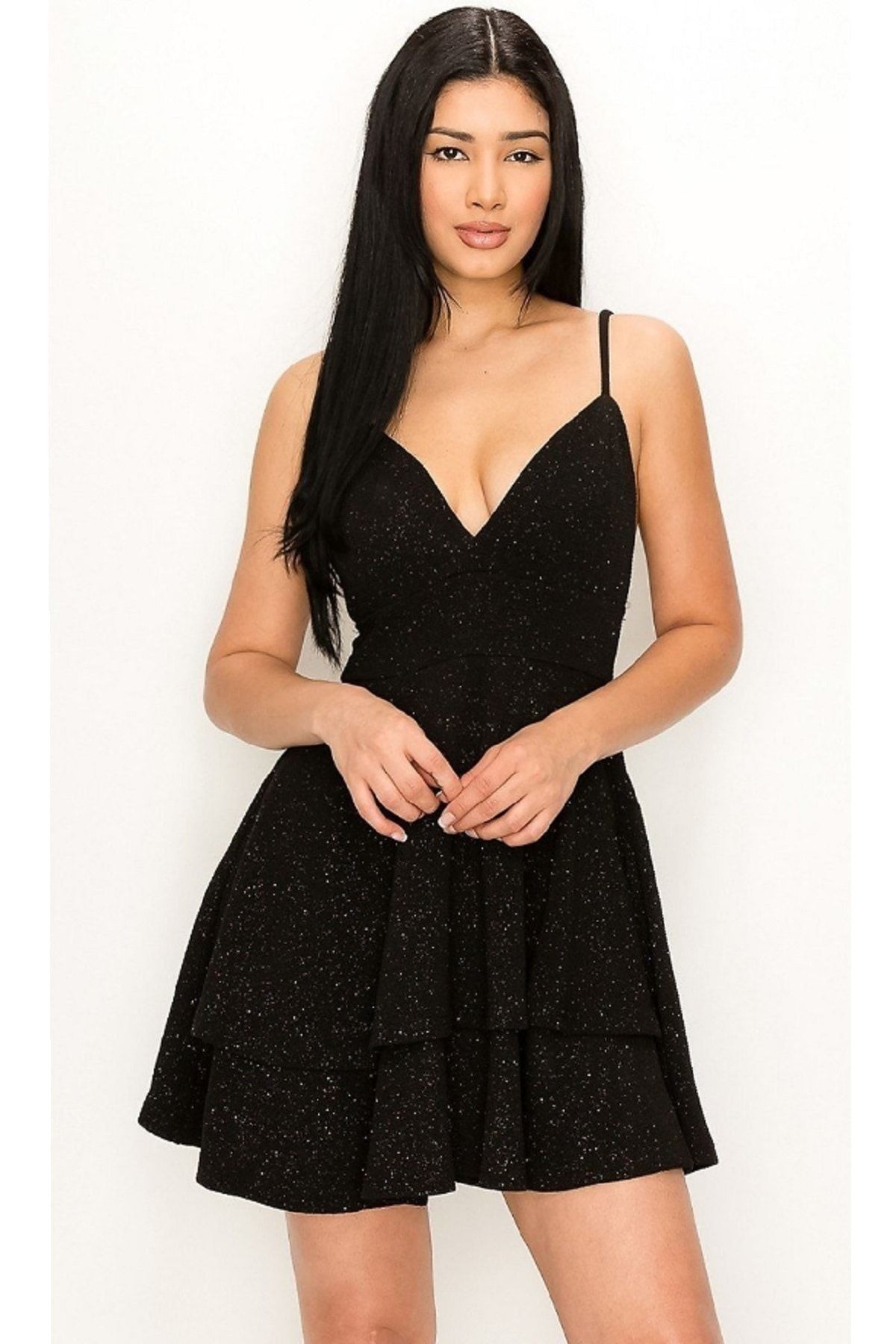 lovebox Işıltılı Parlak Kumaş Sırt Dekolteli V Yaka Siyah Mini Abiye Elbise Emr-581824