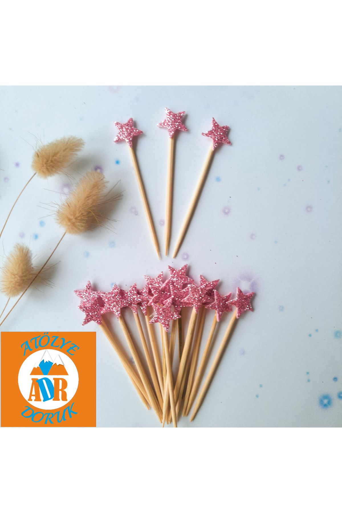 Atolye Doruk 30 ADET Pembe Yıldız Cupcake Kürdanı-Renkli Doğum Günü Parti Pasta Süsleme Malzemeleri