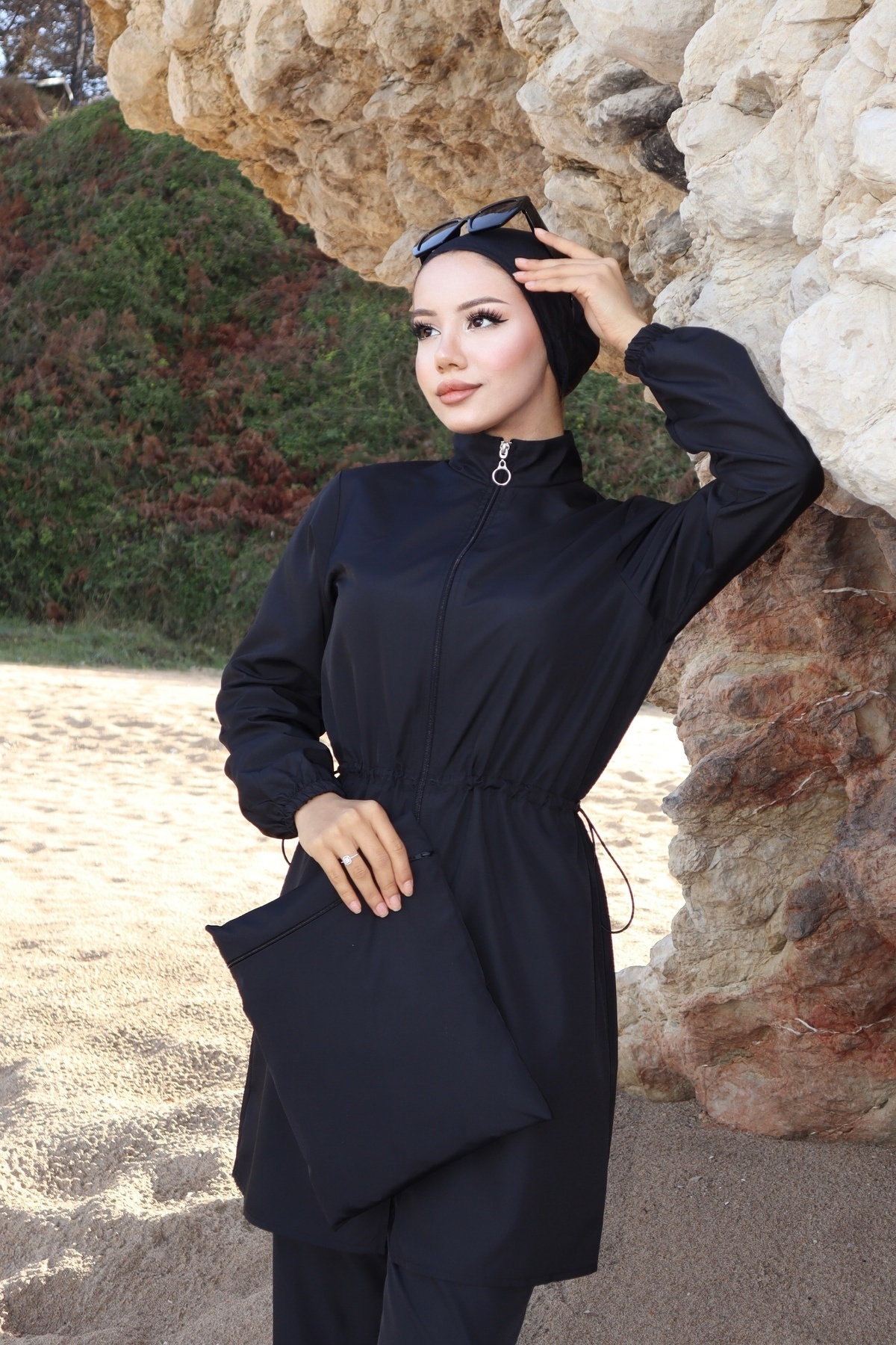 new ats Hijab Beli Ayarlanabilir Lastikli Tesettür Mayo 4lü Takım Çanta ve Boneli Siyah