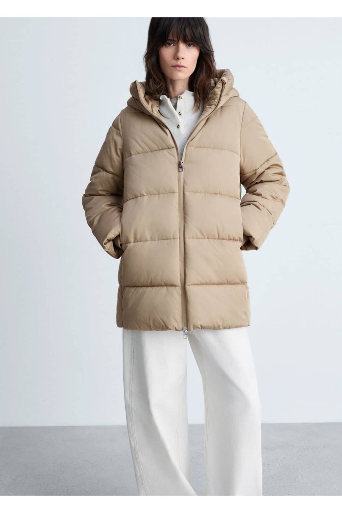 MANGO Kapüşonlu Kapitone Midi Anorak