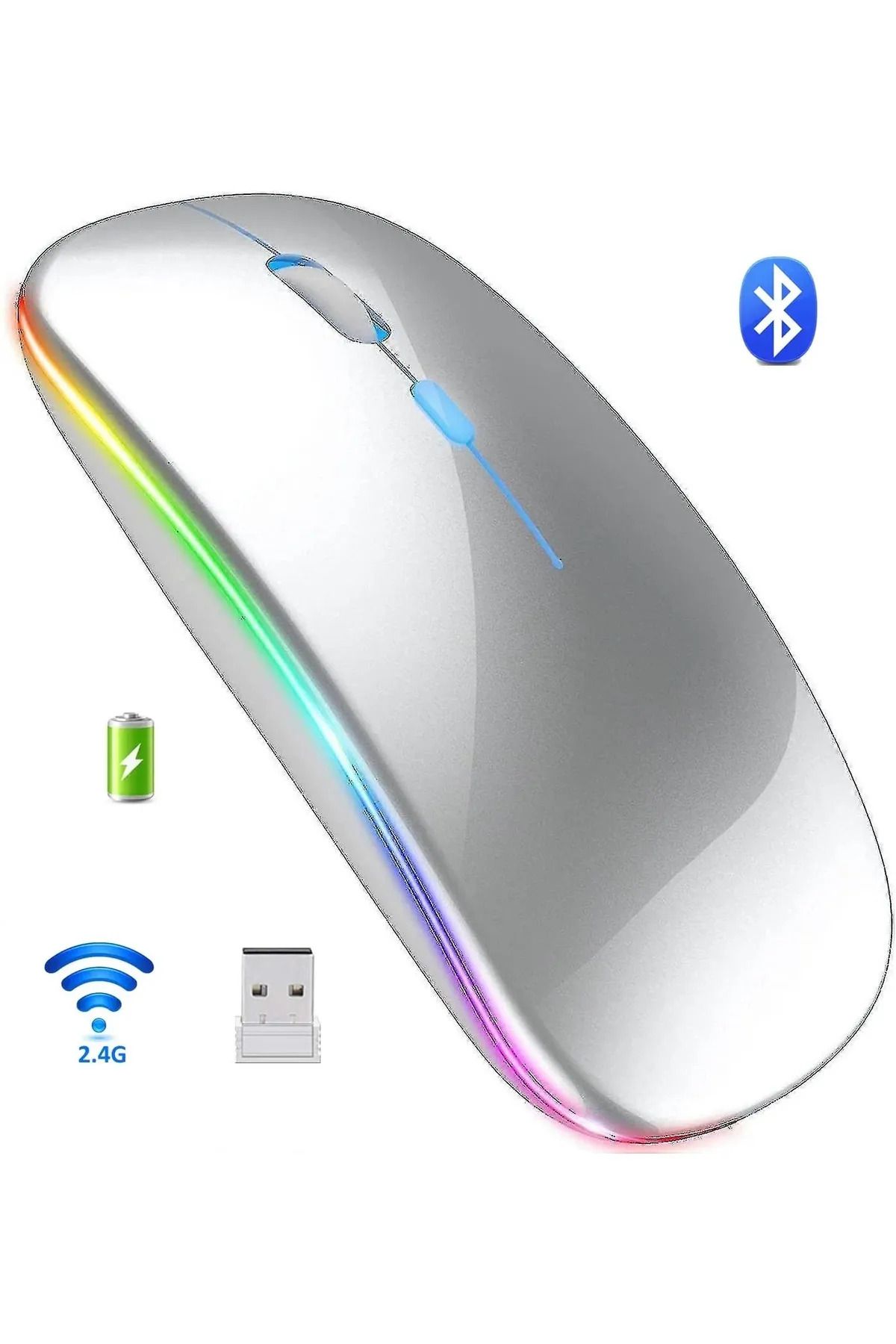 RabbitTech LED IŞIKLI ŞARJLI MOUSE 2.4GHZ USB WİRELESS VE BLUETOOTH LU SESSİZ İOS ANDROİD TELEFON TABLET PC TV