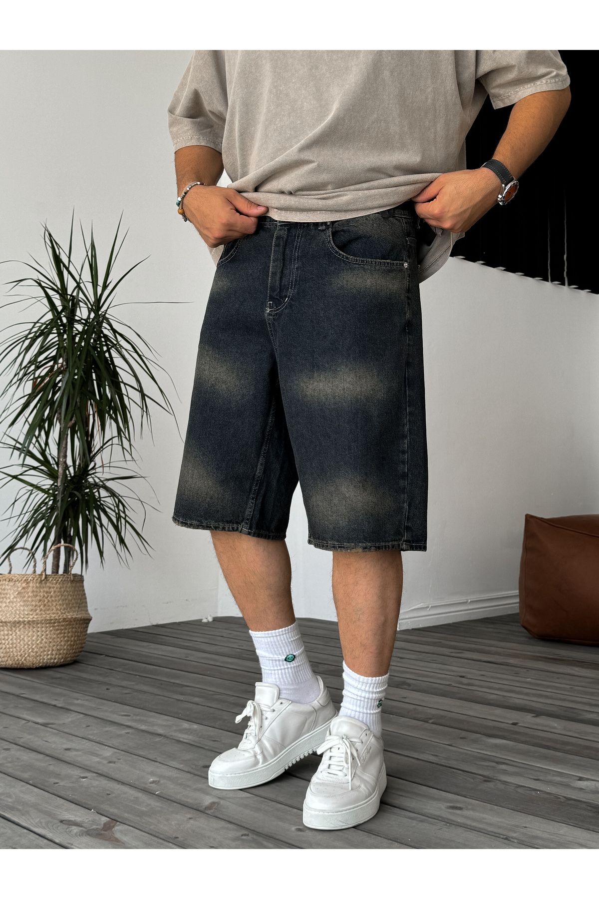 BYBASICMAN Lacivert Taşlamalı Oversize Kot Şort G-5001