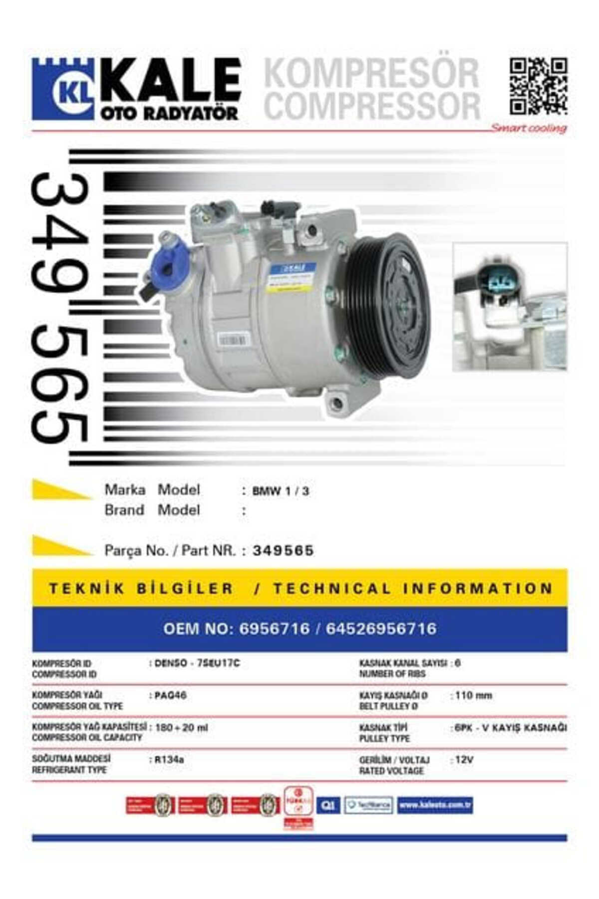 349565 Klima Kompresörü Bmw E81 130İ 05- E87 130İ 05- E90 05- E92 E93 07- E91 05- E84×1 04-