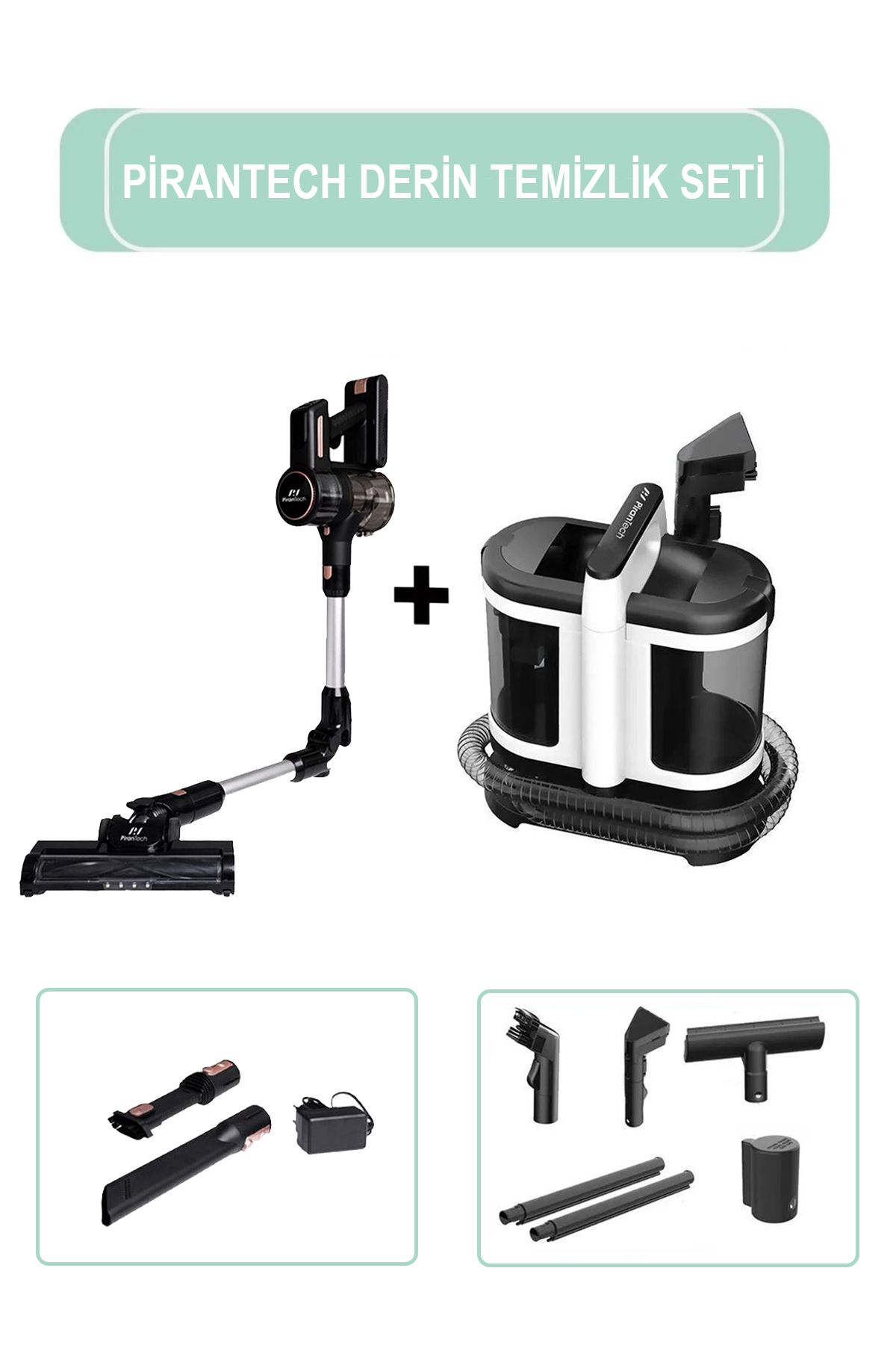 pirantech ES411 Yüksek Emiş Güçlü Dikey Şarjlı Süpürge / V22C Koltuk ve Halı Yıkama Makinesi