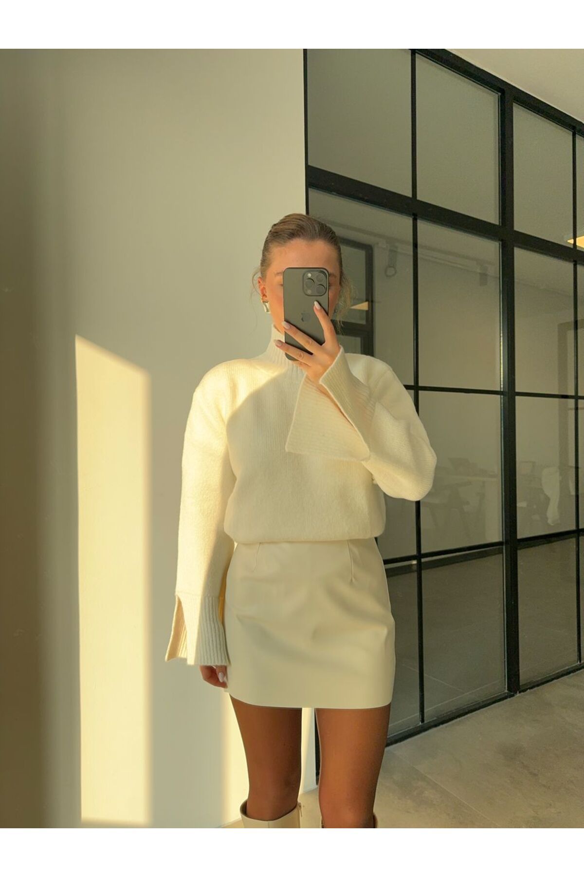PINKPERİ MARKA MODEL EKRU DERİ ŞORT ETEK