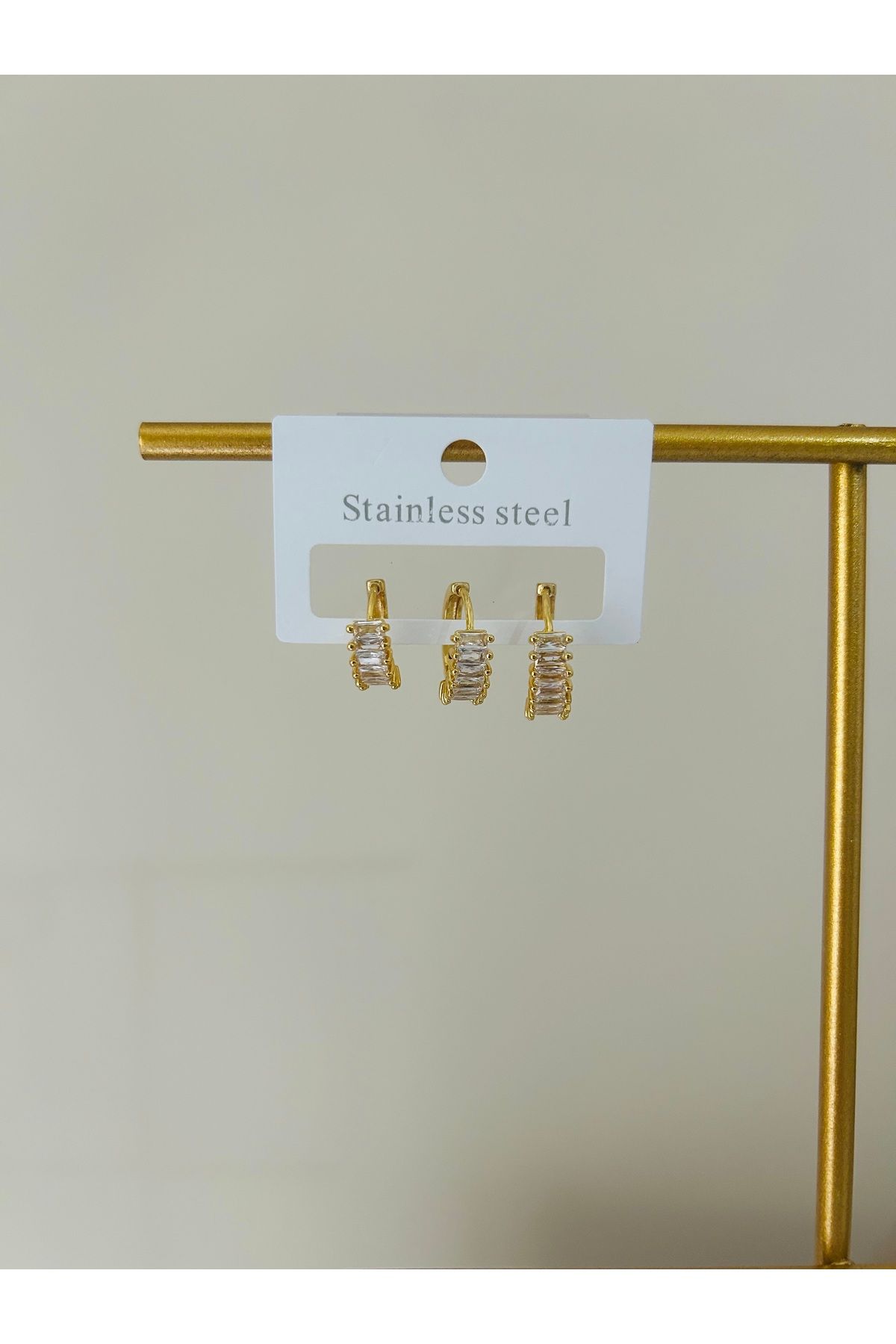 stainles steel Üçlü Zirkon Taşlı Çelik Küpe Kulakta Üç Delik Küpe Modelleri