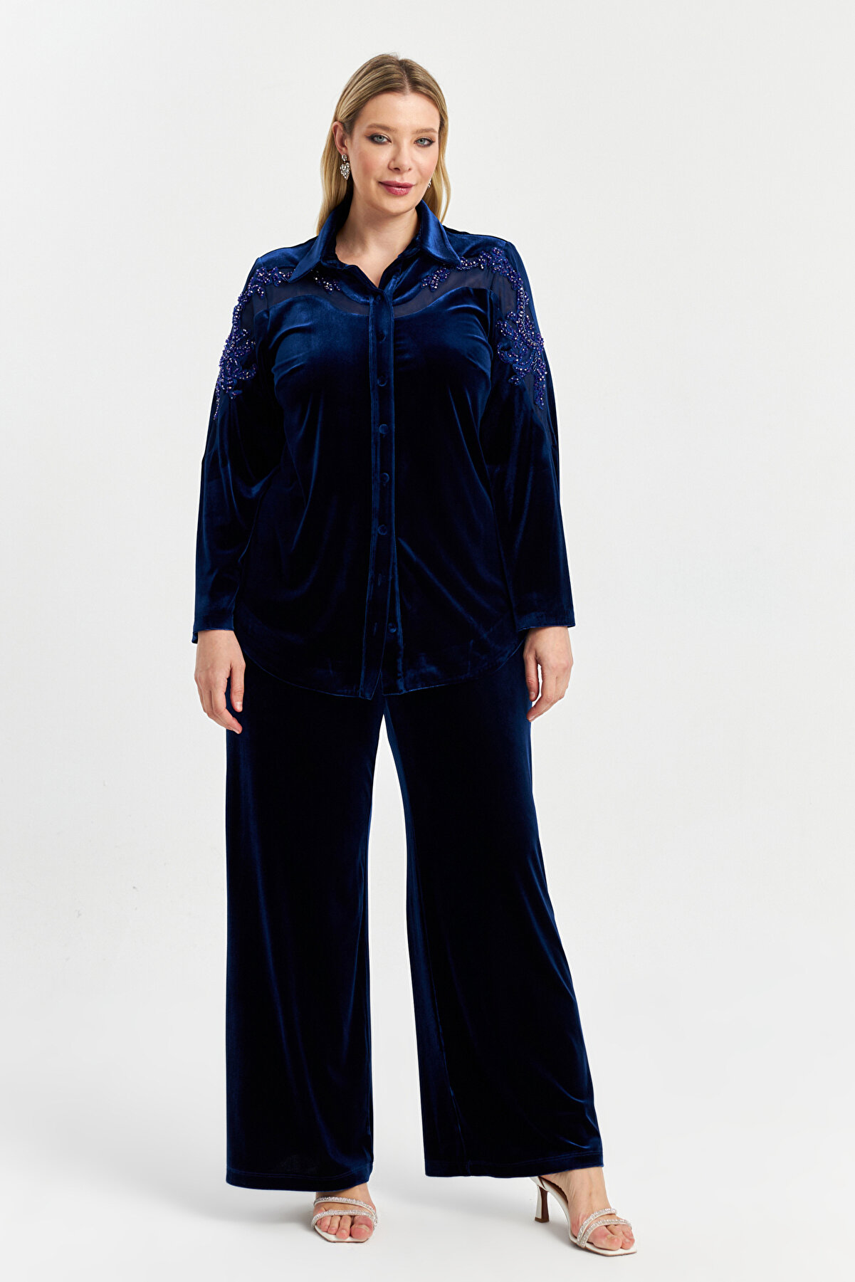 İnce Kadife Gömlek ve Palazzo Pantolonlu Abiye Takımı | İnce