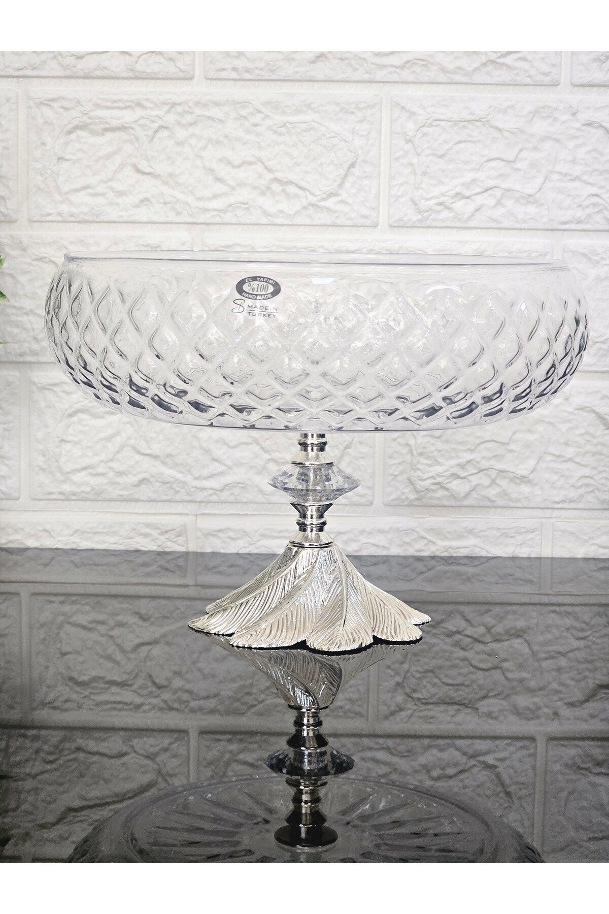 atabey home collection Lotus Kristal 24 Cm Kare Kesme Dekor Gümüş Semerkand Ayak Kafes Salata Kasesi