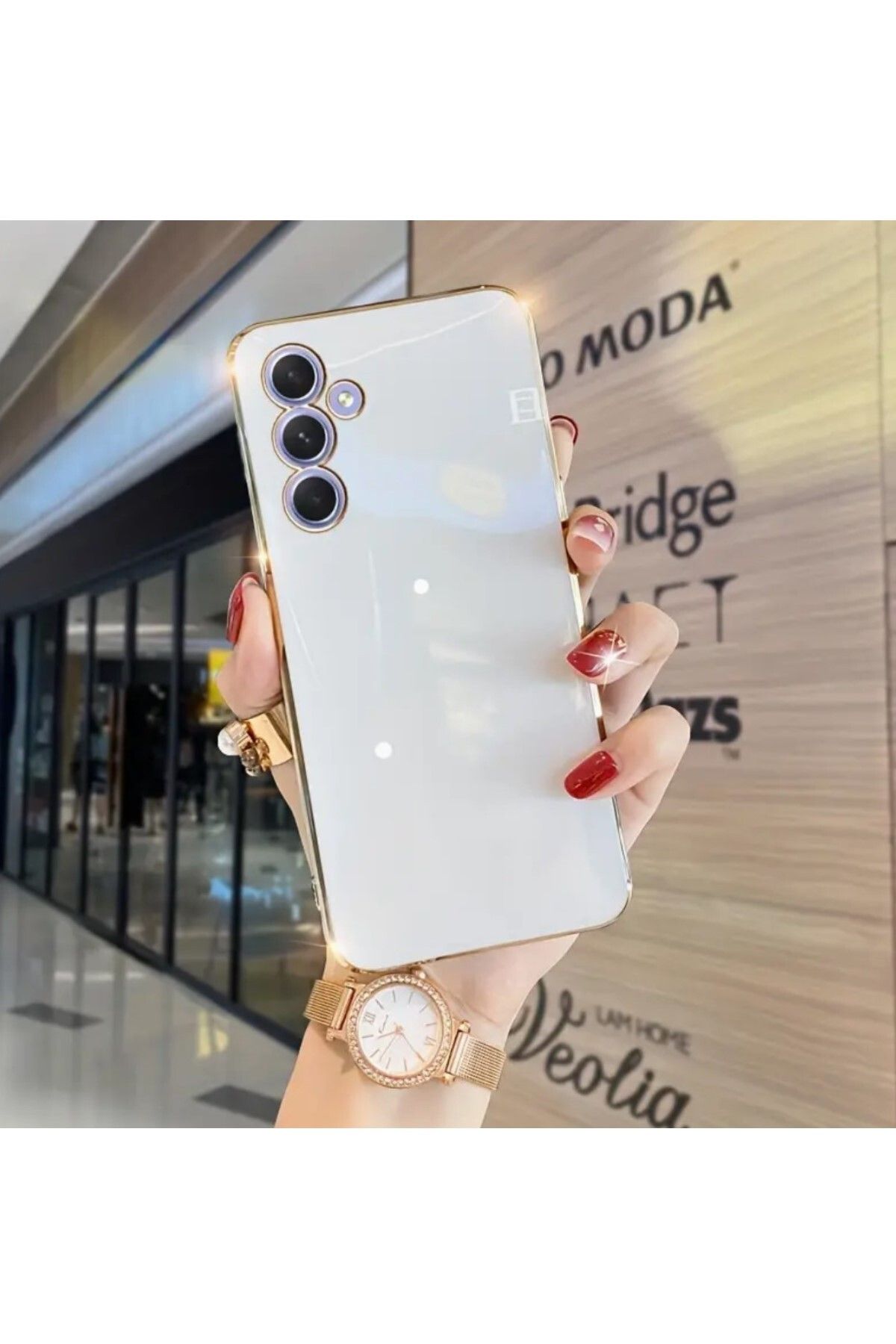 AKSEFİZZ Samsung Galaxy A14 Uyumlu Parlak Soft Yüzeyli Kamera Korumalı Altın Kenarlı Kılıf