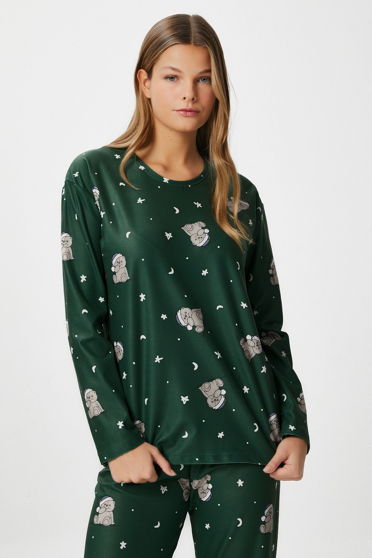 Ritnice Kadın Ely Premium Bisiklet Yaka Yeşil Ayıcık Süet Doku Yılbaşı Pijama Takımı
