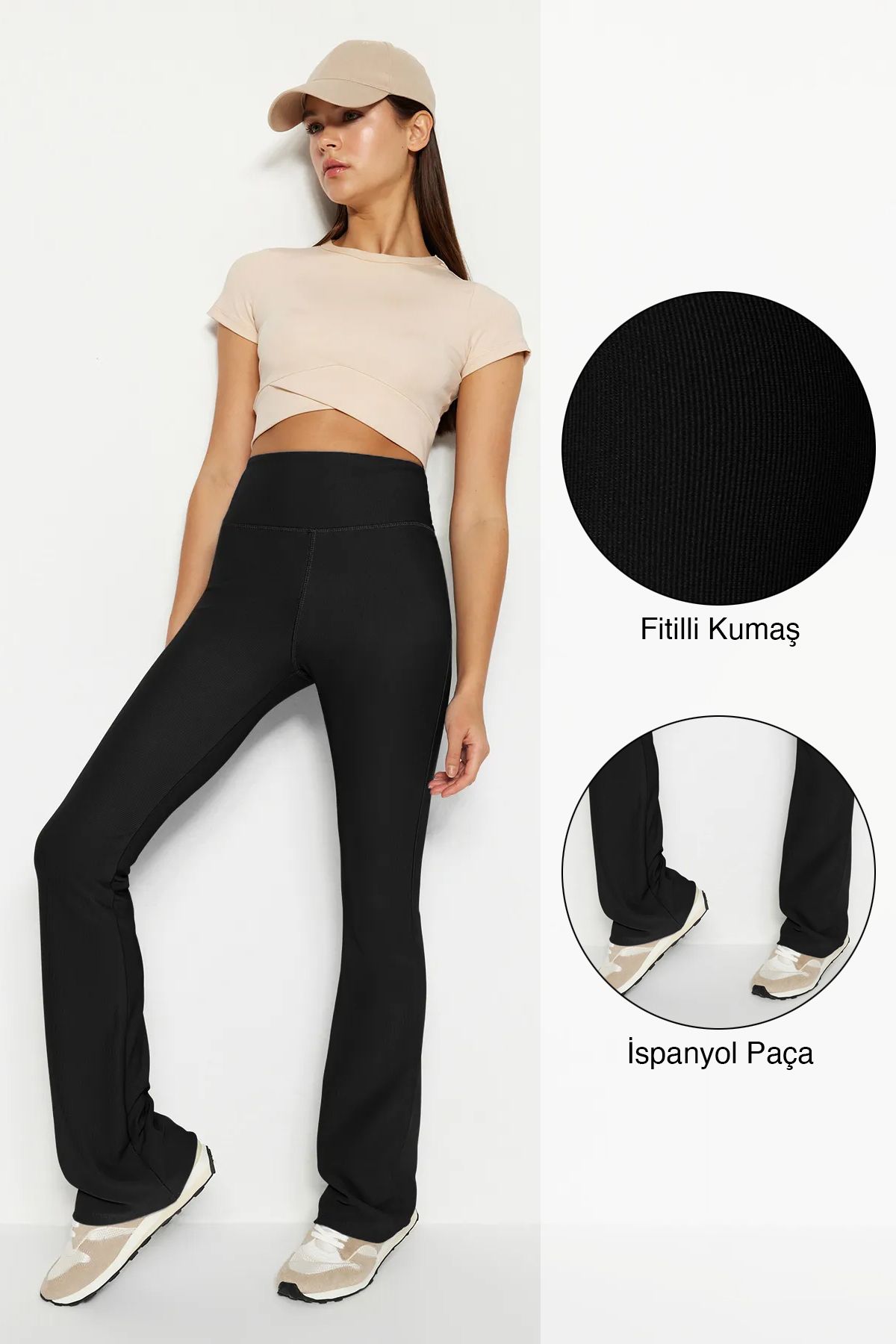Trendyolmilla Siyah Fitilli İspanyol Paça Yoga Örme Spor Tayt TWOAW23TY00011