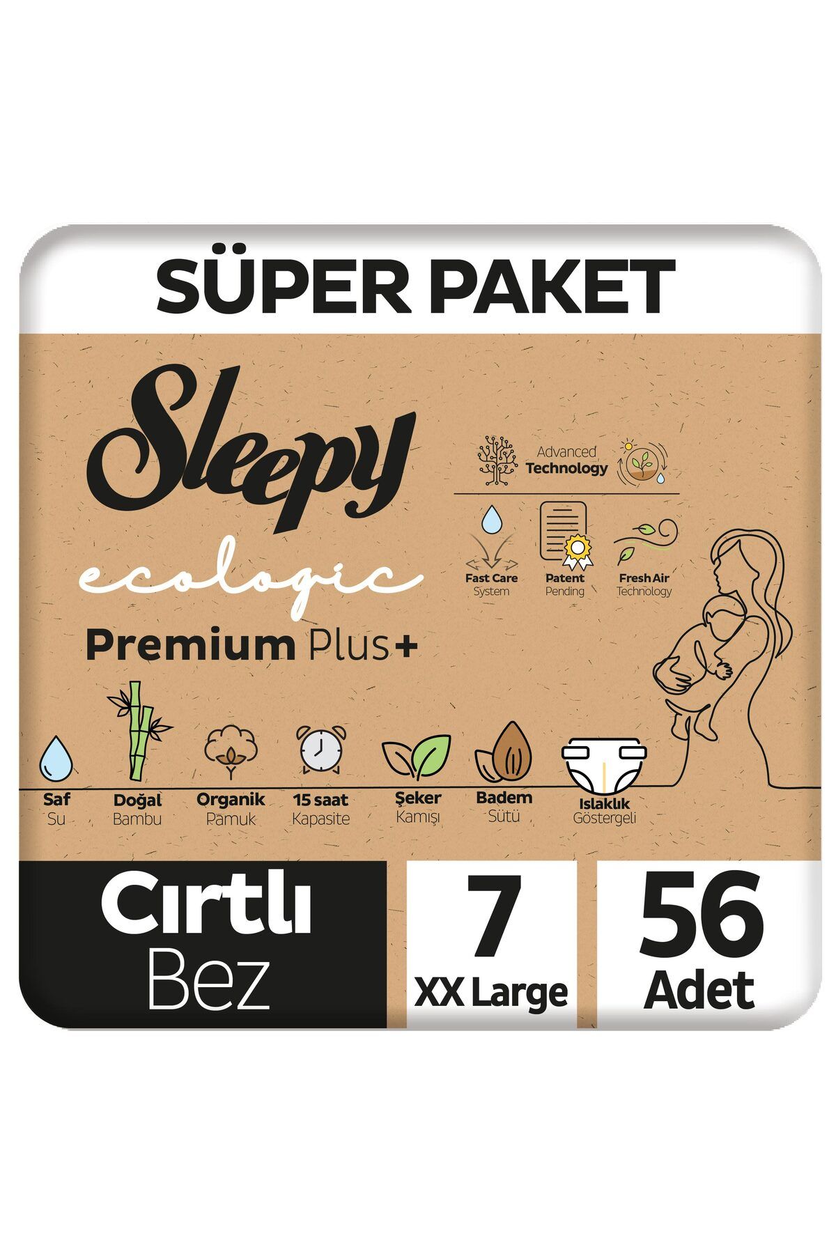 Sleepy Ecologic Premium Plus Süper Paket Bebek Bezi 7 Numara Xxlarge 56 Adet