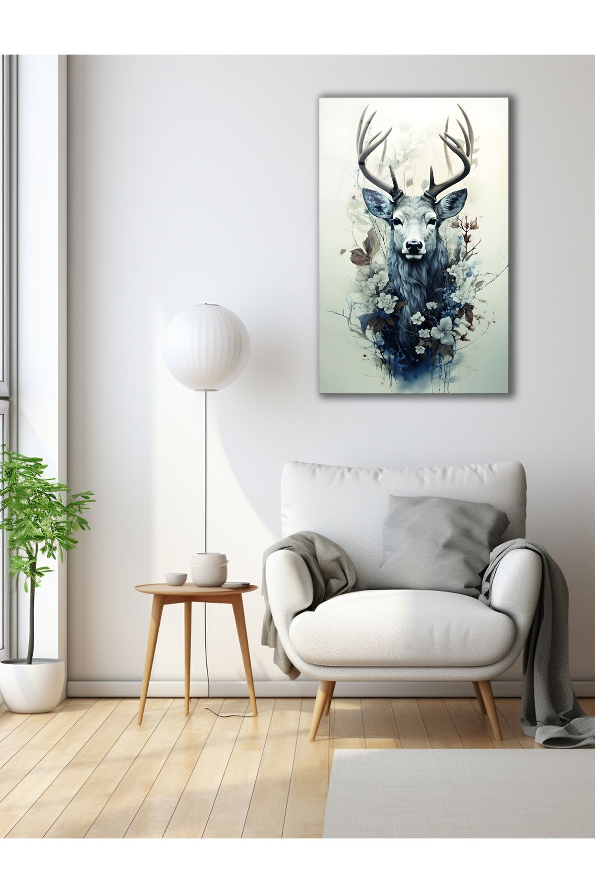 BestSanat Soyut Çiçekler İçinde Geyik Cam Tablo