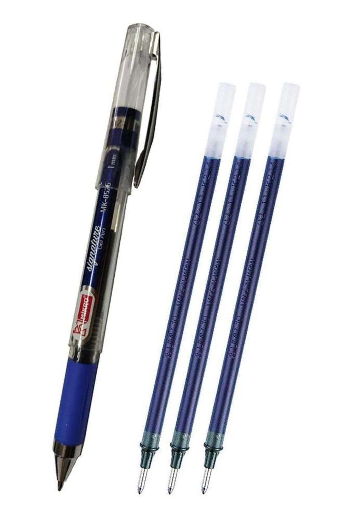 Artlantis Mavi İmza Kalemi 1.0mm 1 Adet Refil Yedek Uç Mürekkep 3 Adet Mikro İmza Kalemi Yeni Kasa Mk-8526 Kal