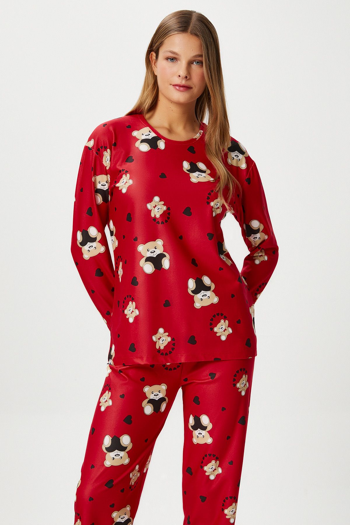Ritnice Kadın Ely Premium Bisiklet Yaka Kırmızı Ayıcık Süet Doku Yılbaşı Pijama Takımı