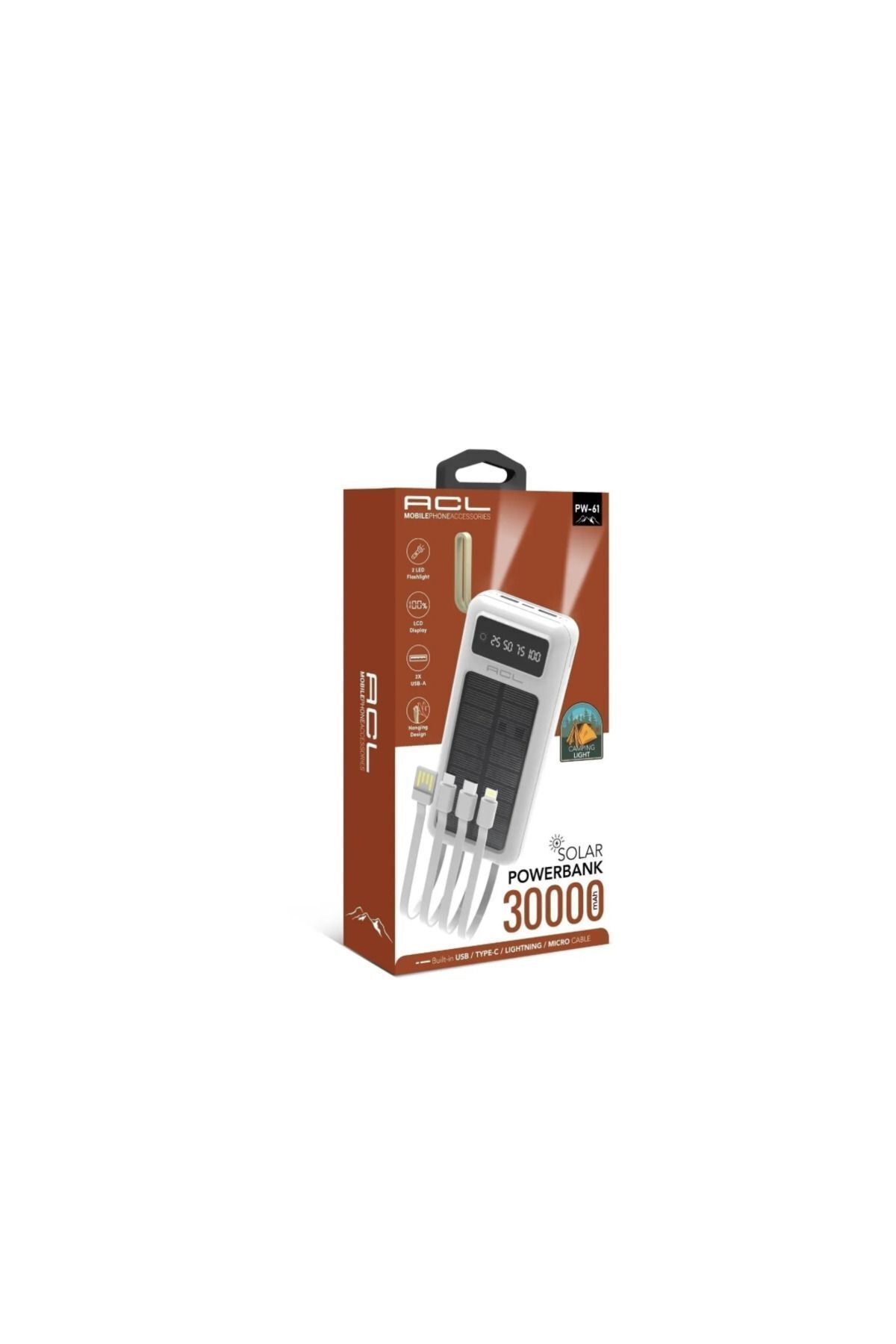 ACL Pw-61 Led Işıklı Usb Mikro Type-c Lighning Kablolu 2xusb 30000mah Lcd Powerbank