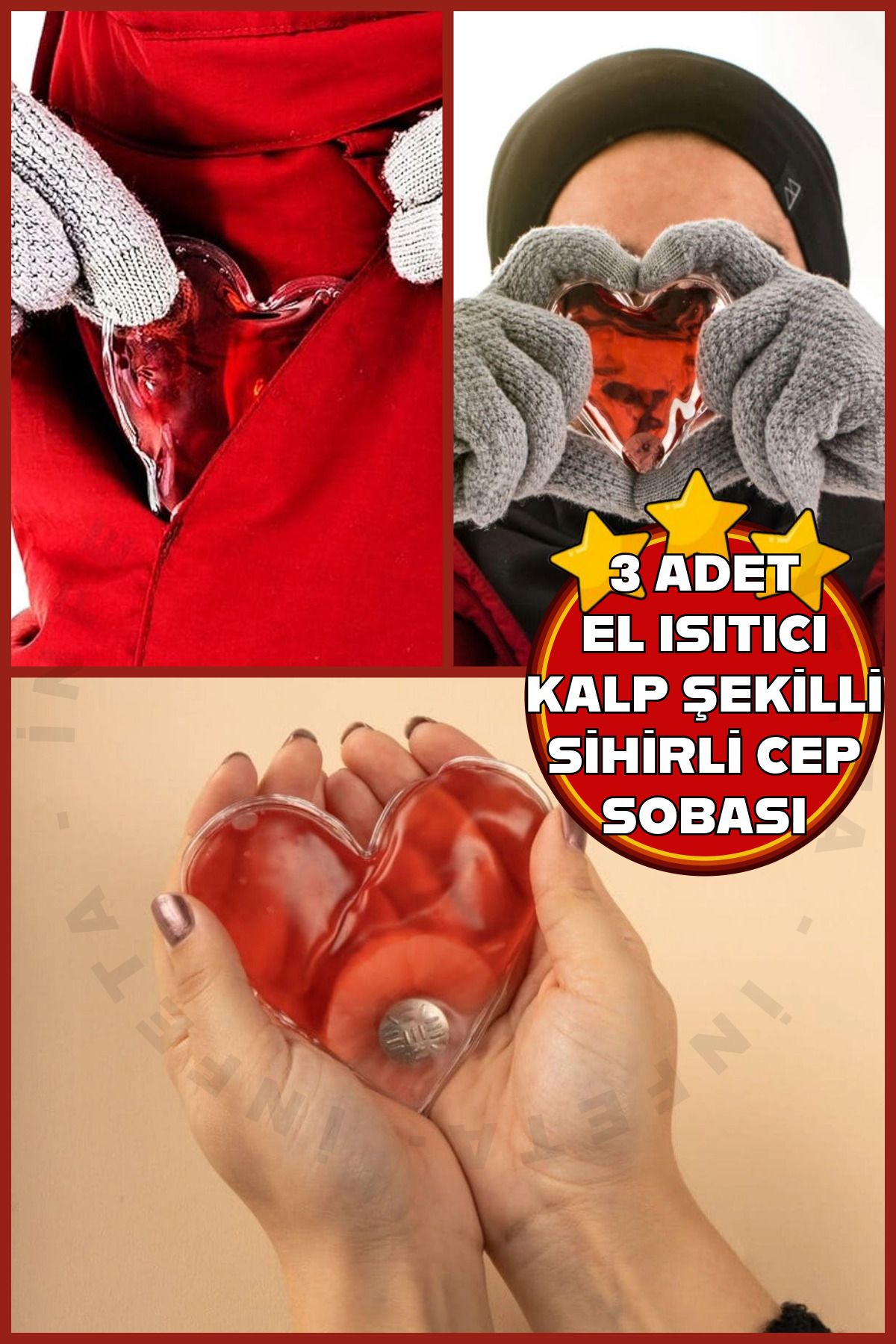 İnfeta 3 Adet Kalp Şeklinde Sihirli Jel Avcı Balıkçı Dağcı El Isıtıcısı Torba Kalpli Cep Sobası Sıcak