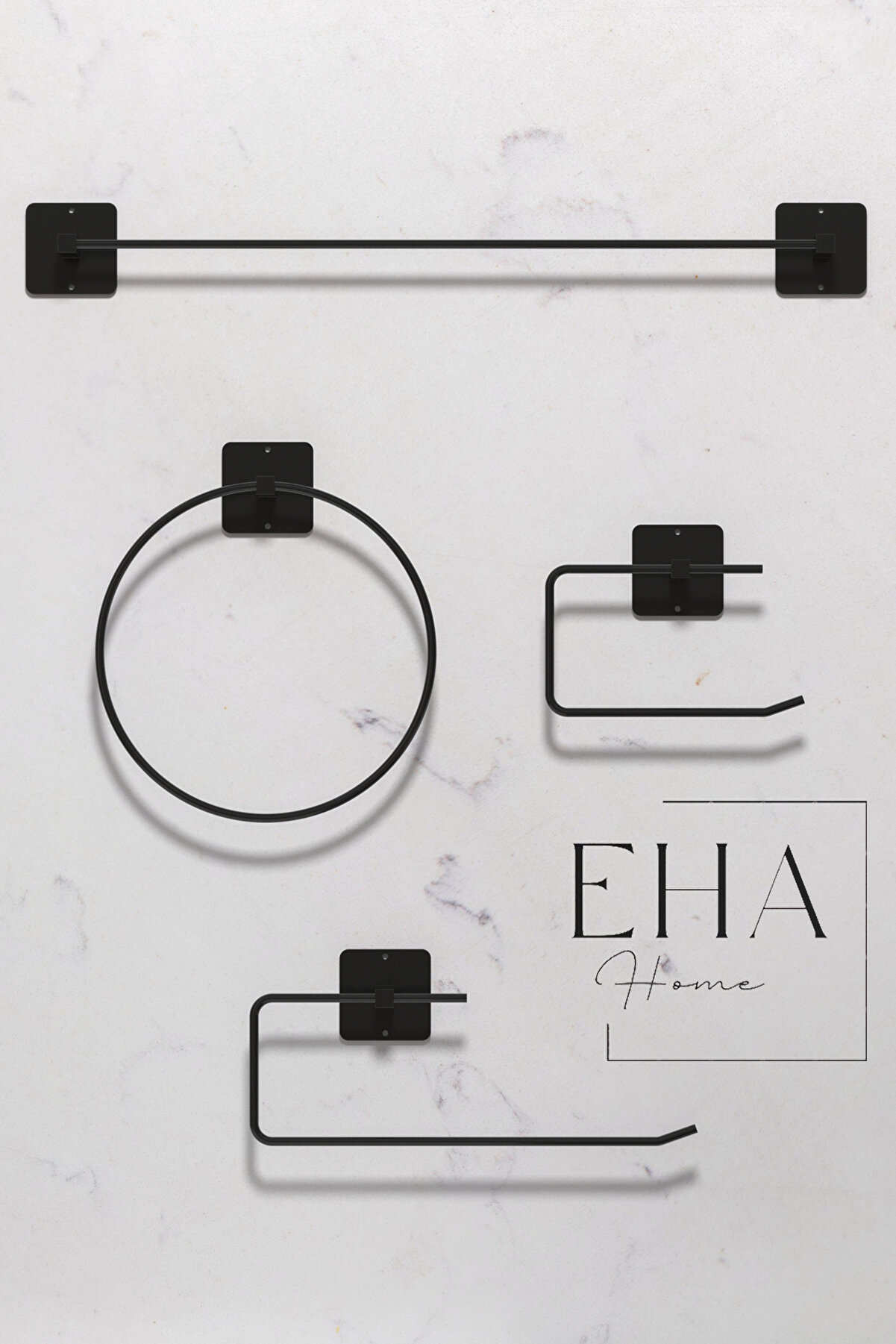 EHA HOME Siyah Yapışkanlı 4 Lü Banyo Seti, Uzun Havluluk & Kağıt Havluluk