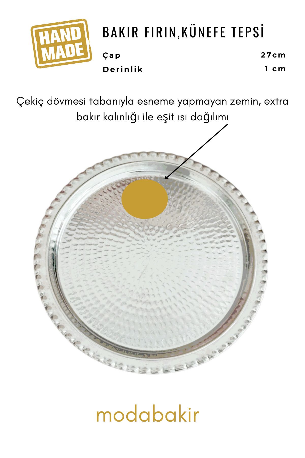 modabakir Bakır Künefe Tepsi, Bakır Sunum Servis Tepsisi 27 cm