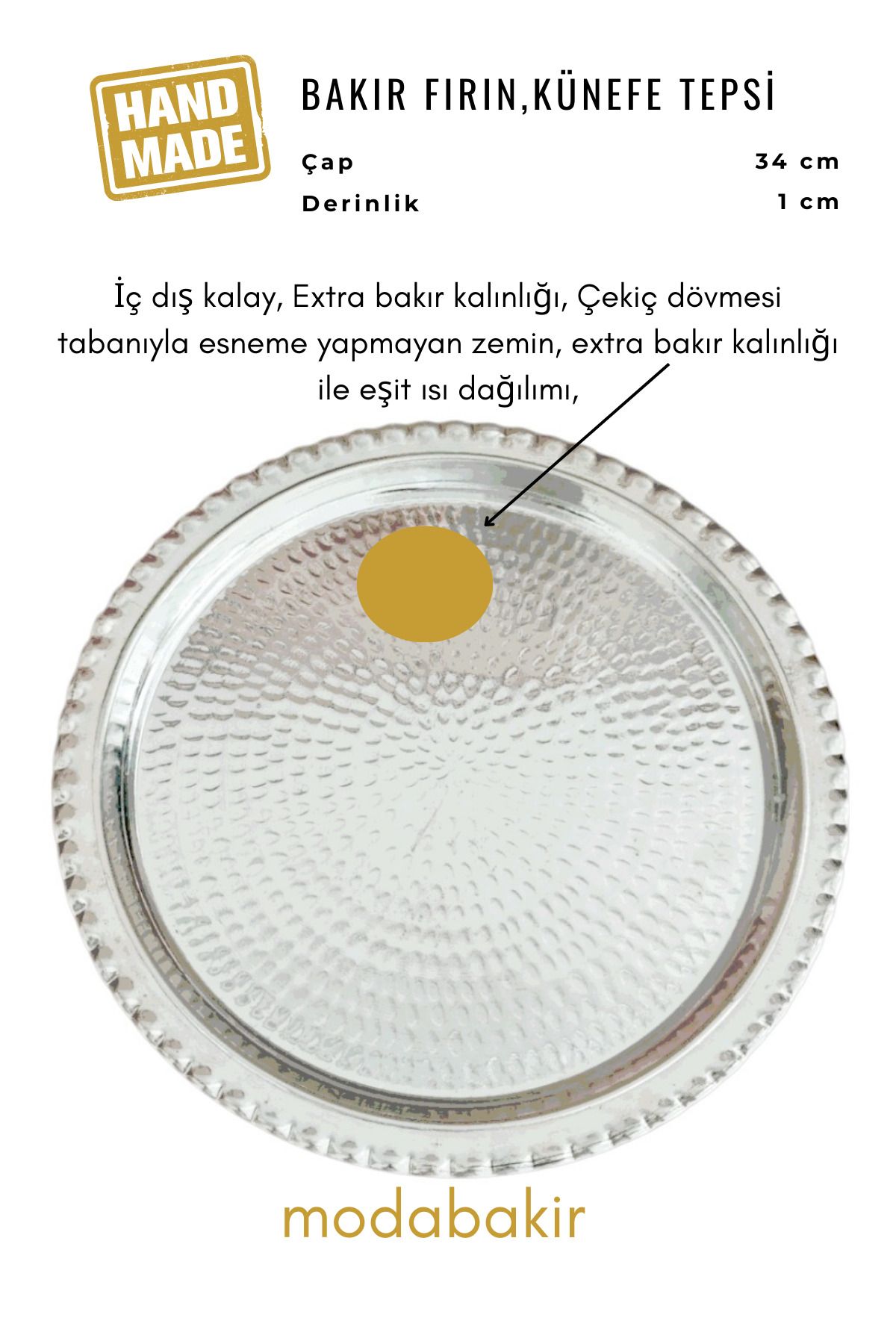 modabakir Bakır Künefe Tepsi, Bakır Sunum Servis Tepsisi 35 cm