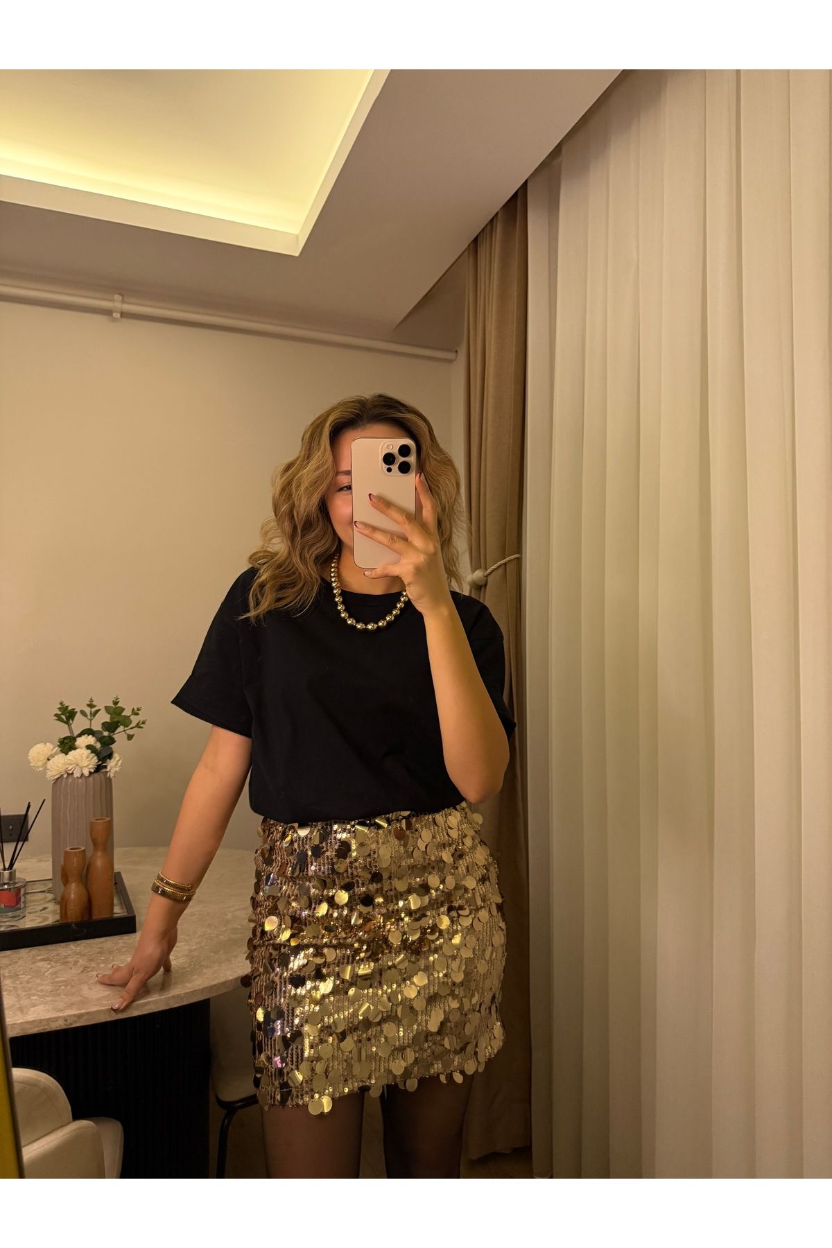 ESMA GÜL BUTİK Pullu Gold Mini Elbise