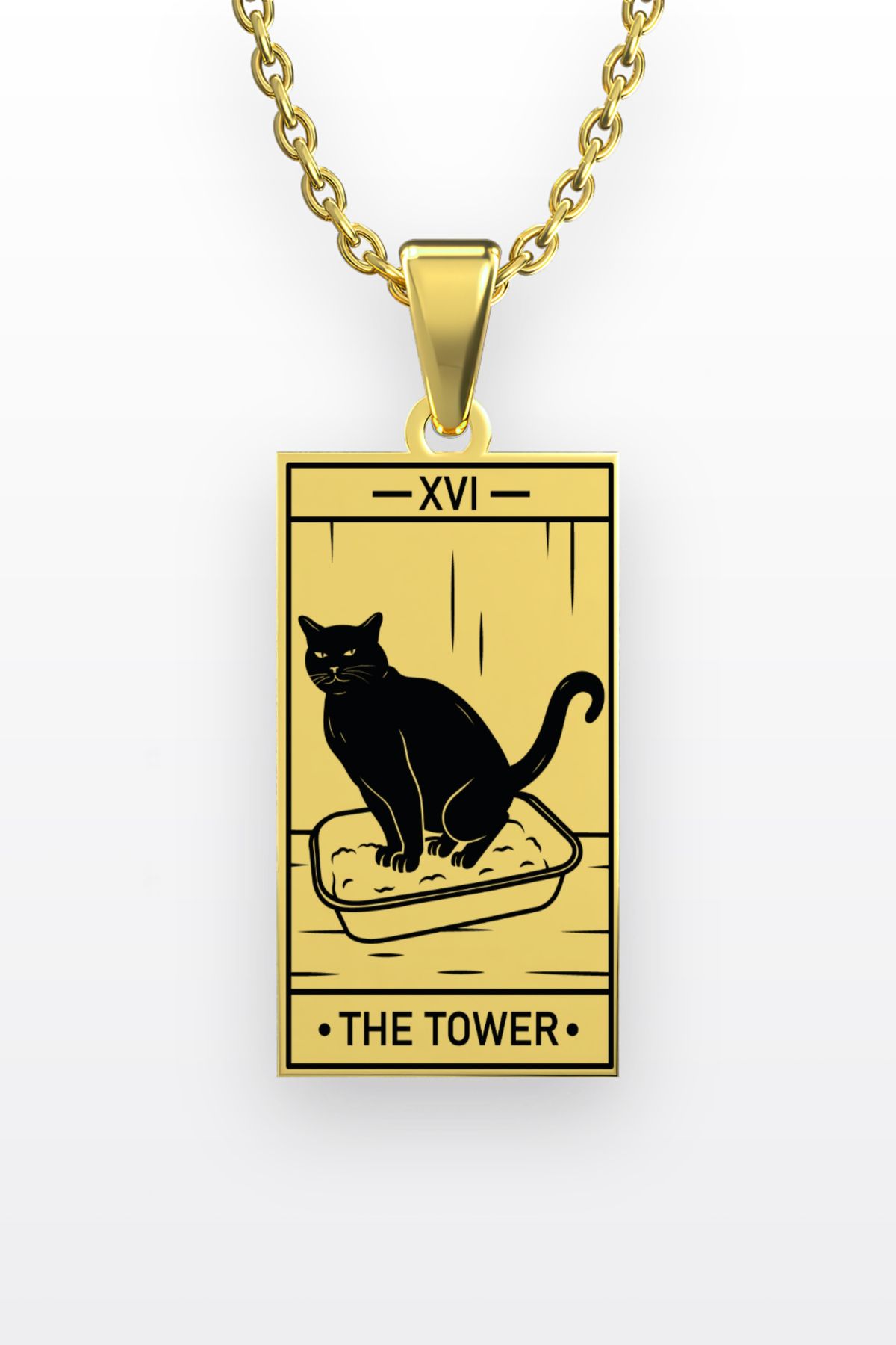 ArtinArt Kedi Desenli Tarot Kule Kartı 316l Kararmaz Çelik Kolye | Cat The Tower Tarot Card Necklace