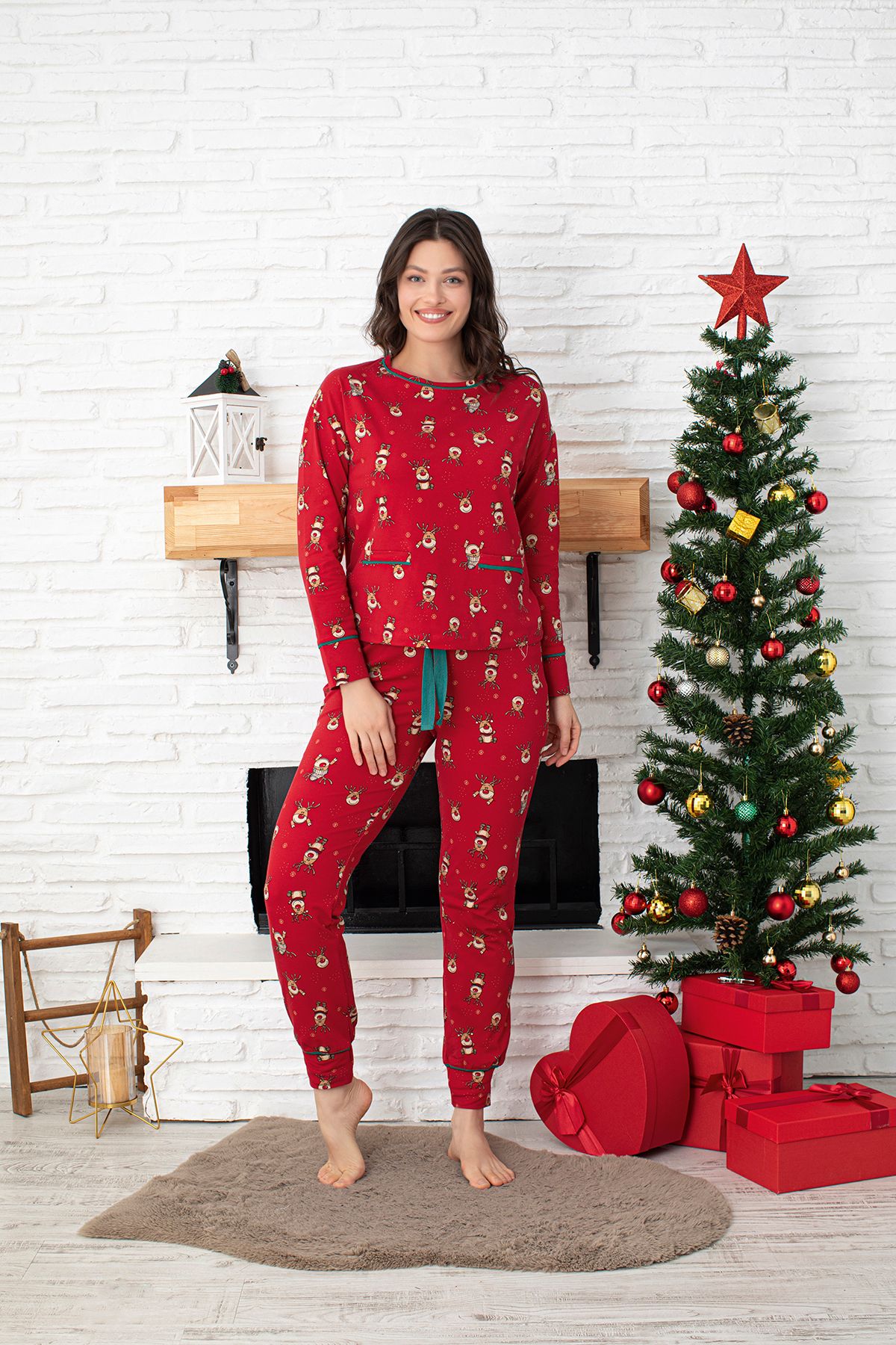 İPEKTENİM Yılbaşı Temalı Geyik Desenli  Pijama Takımı