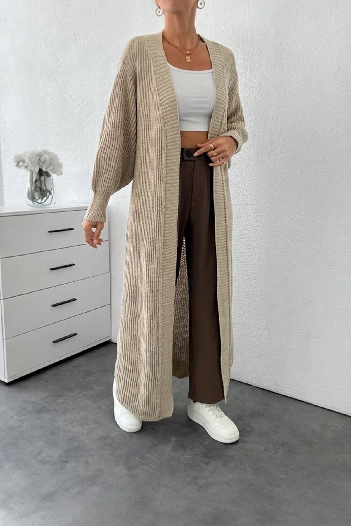 DAFFODİL Uzun Boy Düşük Omuz Önü Açık Hırka Kimono Seti - ₺995