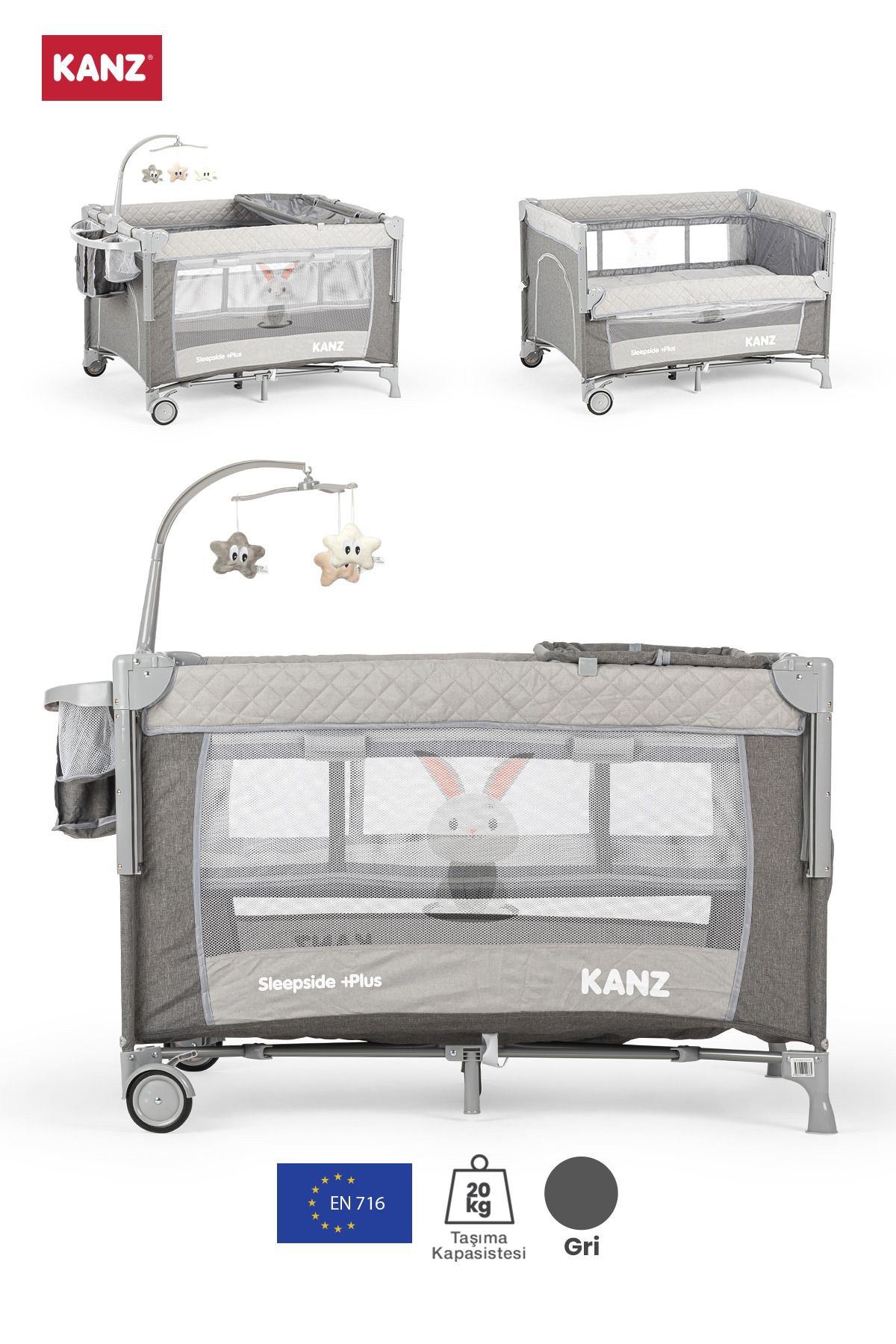 Kanz Sleepside Plus Anne Yanı Park Yatak Ve Oyun Parkı Gri