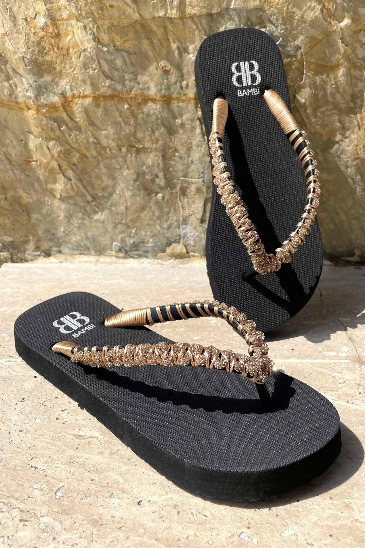 Bambi Siyah Rose Taşlı Kadın Terlik K04376000459