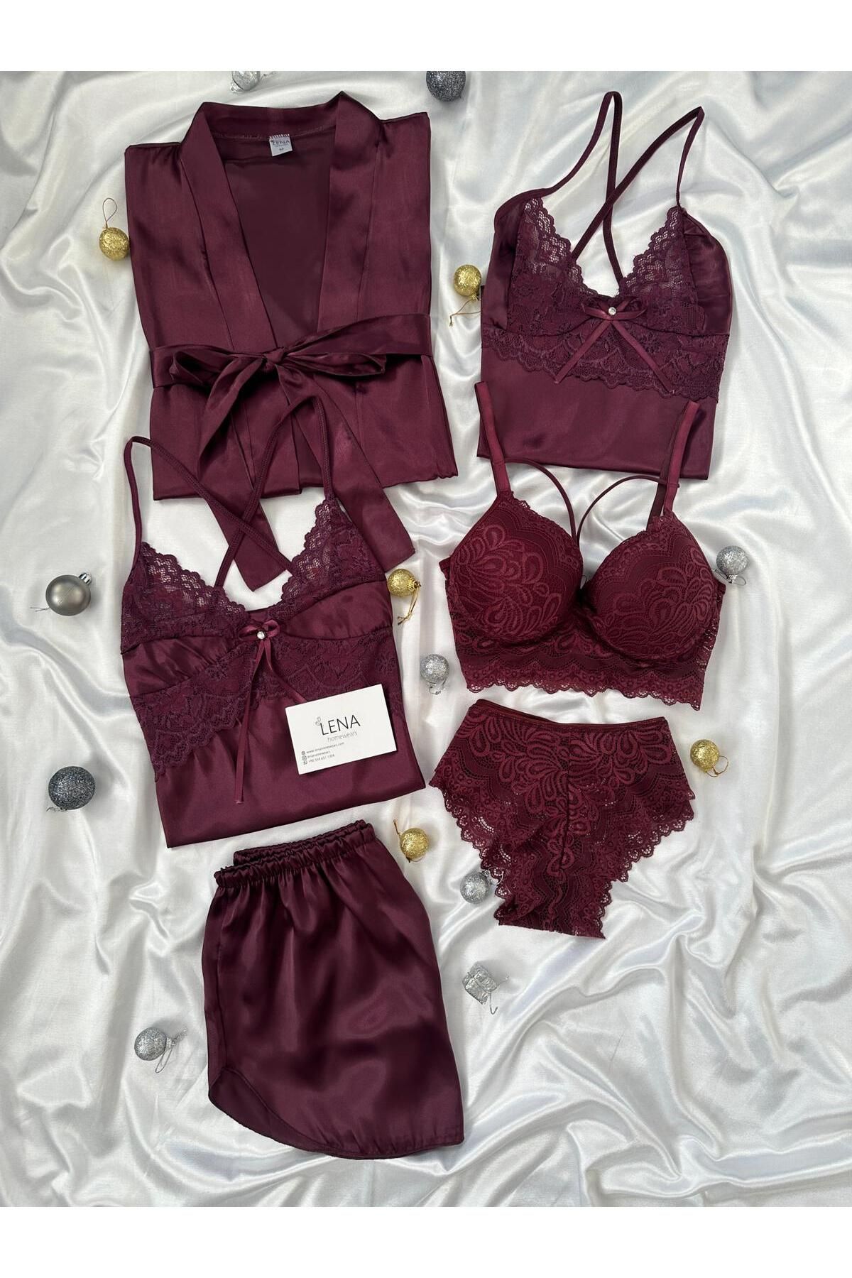 Lena Homewears Mürdüm Vanessa Kadın Saten Gecelik Sabahlık Çeyiz Seti