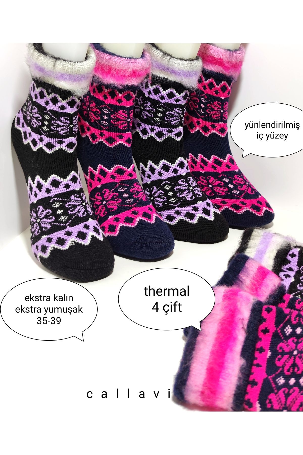 CALLAVI Thermal Kışlık Extra Kalın Yünlü Çorap (ŞARDONLU) 4 Çift