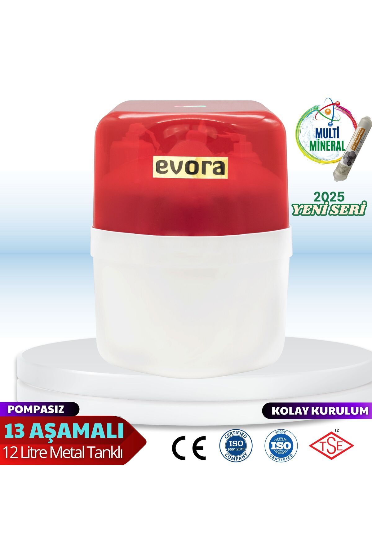 Evora 13 Aşamalı 12 Litre Kapalı Şeffaf Kasa Pompasız Su Arıtma Cihazı Mineralli Su Özellikli
