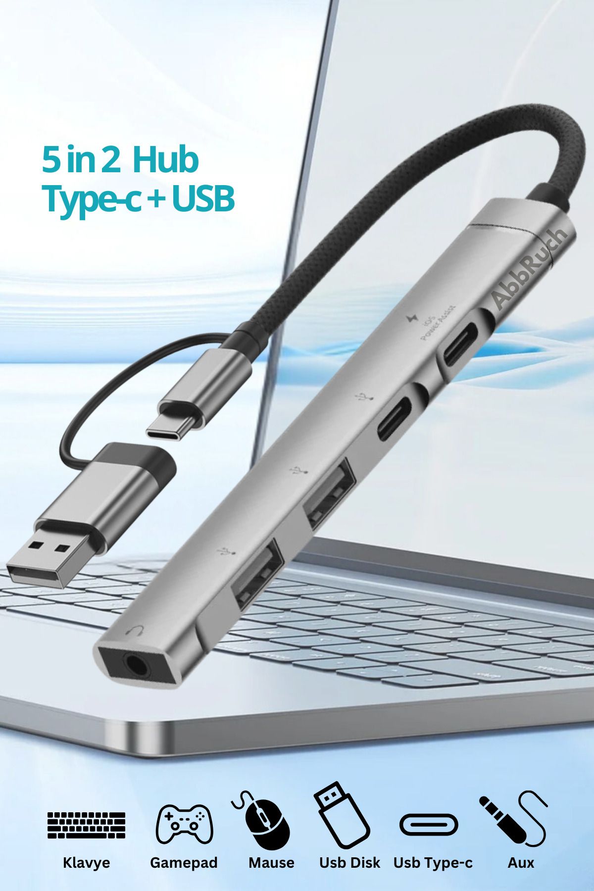 Abbruch Type-c + Usb Çevirici 5in2 Hub 5 Port PD Typec/Usb/Aux Çoklayıcı Dönüştürücü